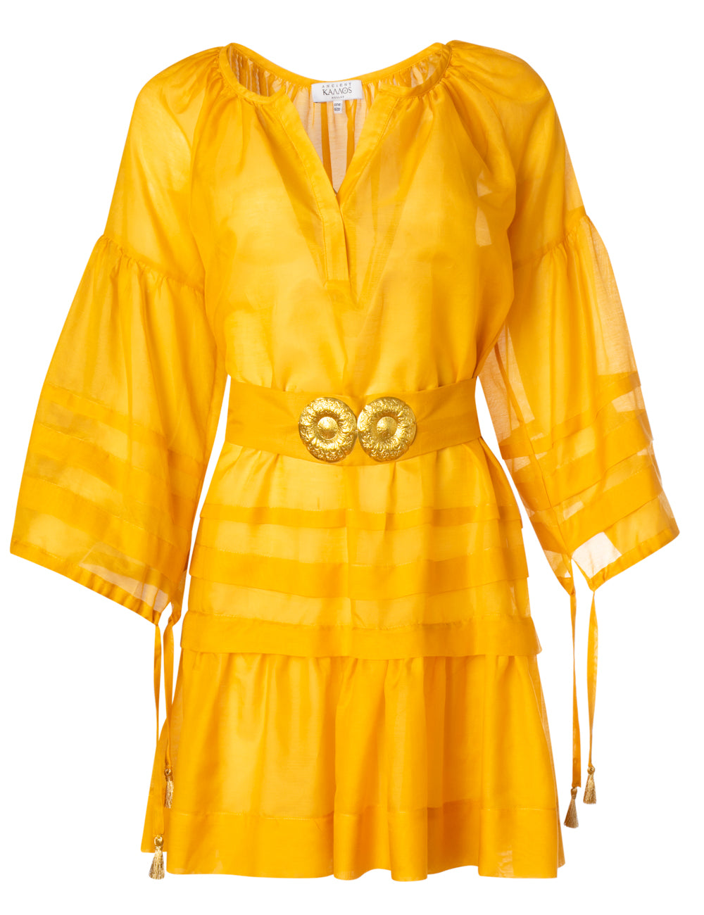 MYKONOS MINI DRESS WITH GOLDEN BUCKLES AND TASSELS