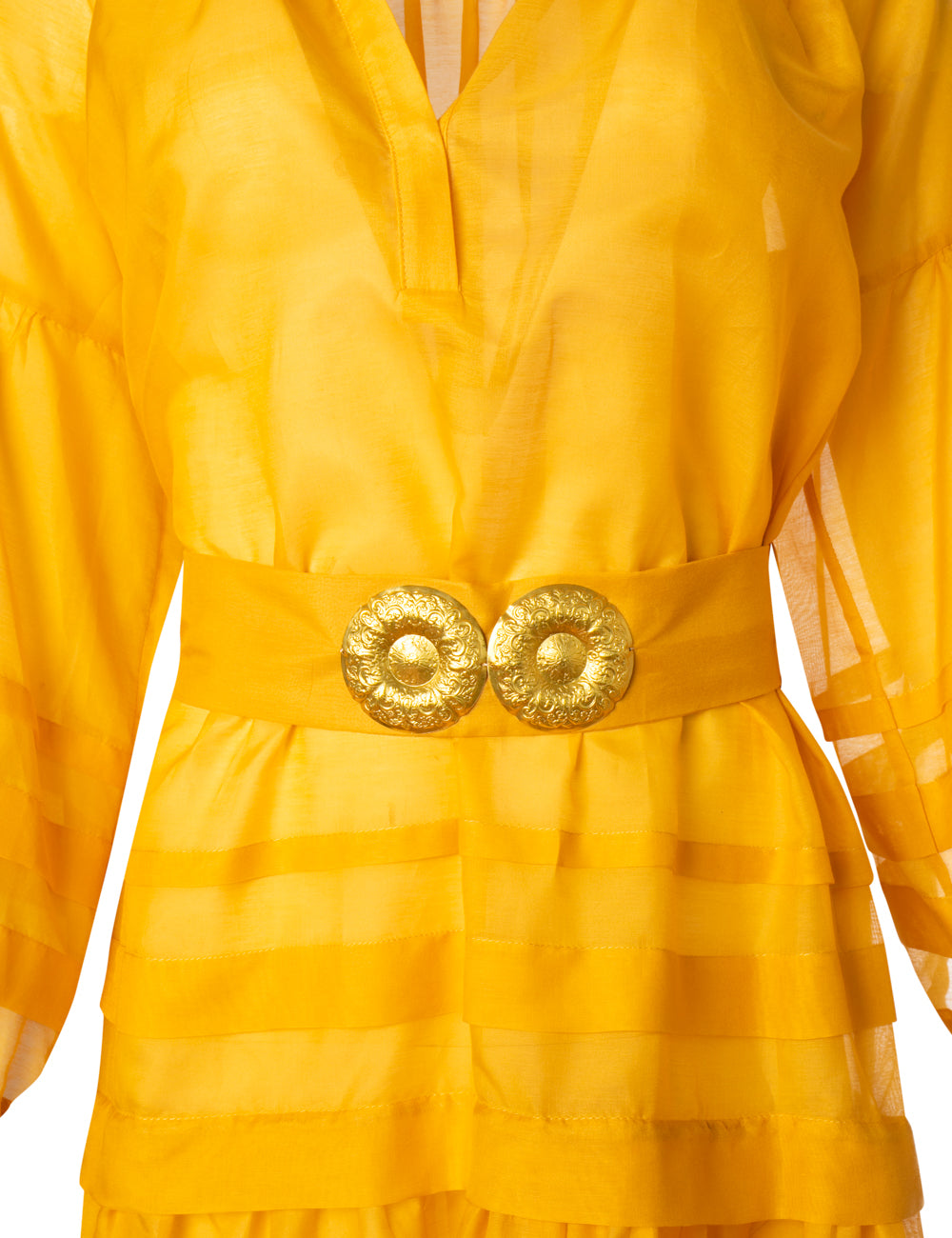 MYKONOS MINI DRESS WITH GOLDEN BUCKLES AND TASSELS