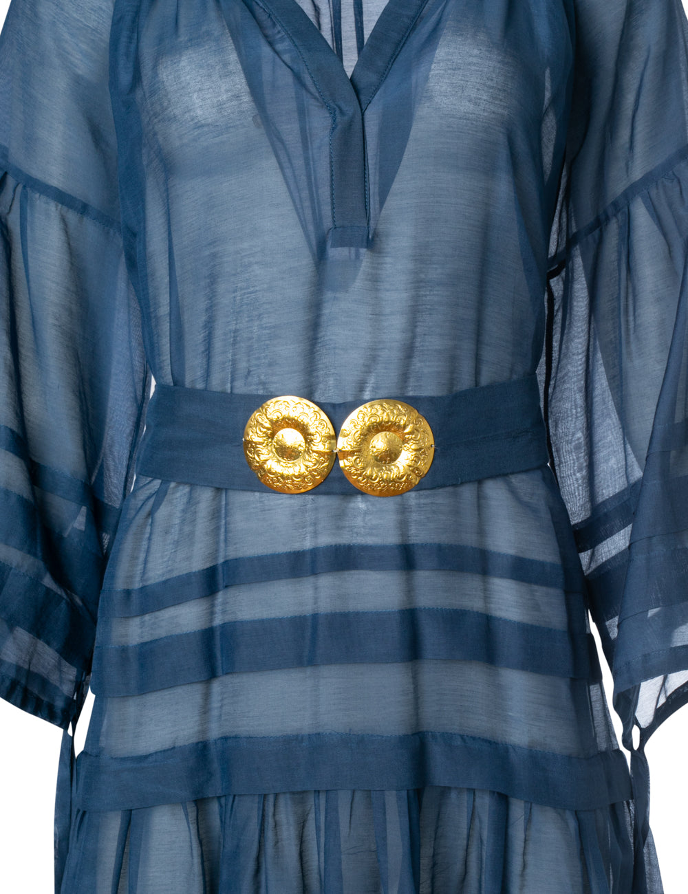 MYKONOS LONG DRESS WITH GOLDEN BUCKLES AND TASSELS