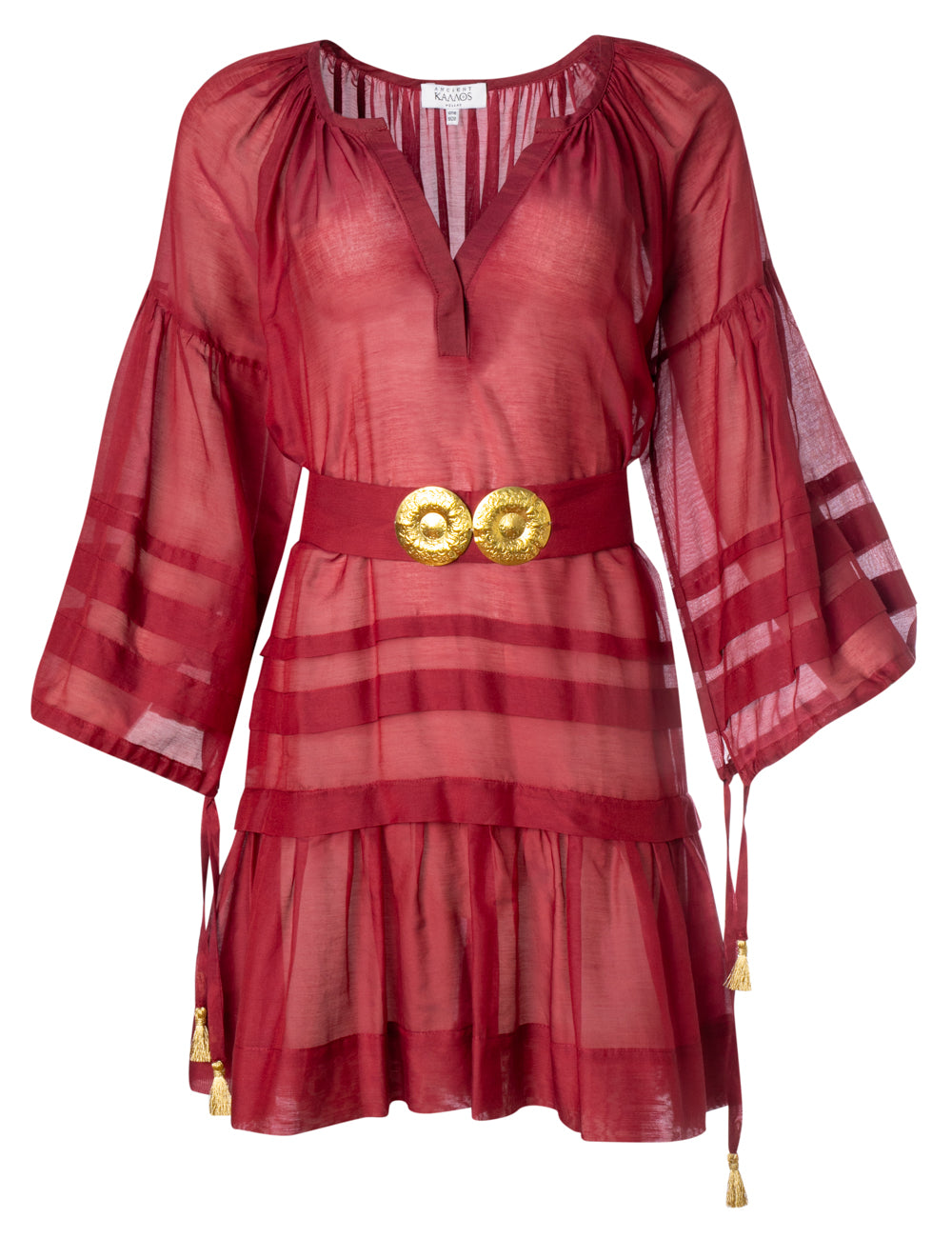 MYKONOS MINI DRESS WITH GOLDEN BUCKLES AND TASSELS