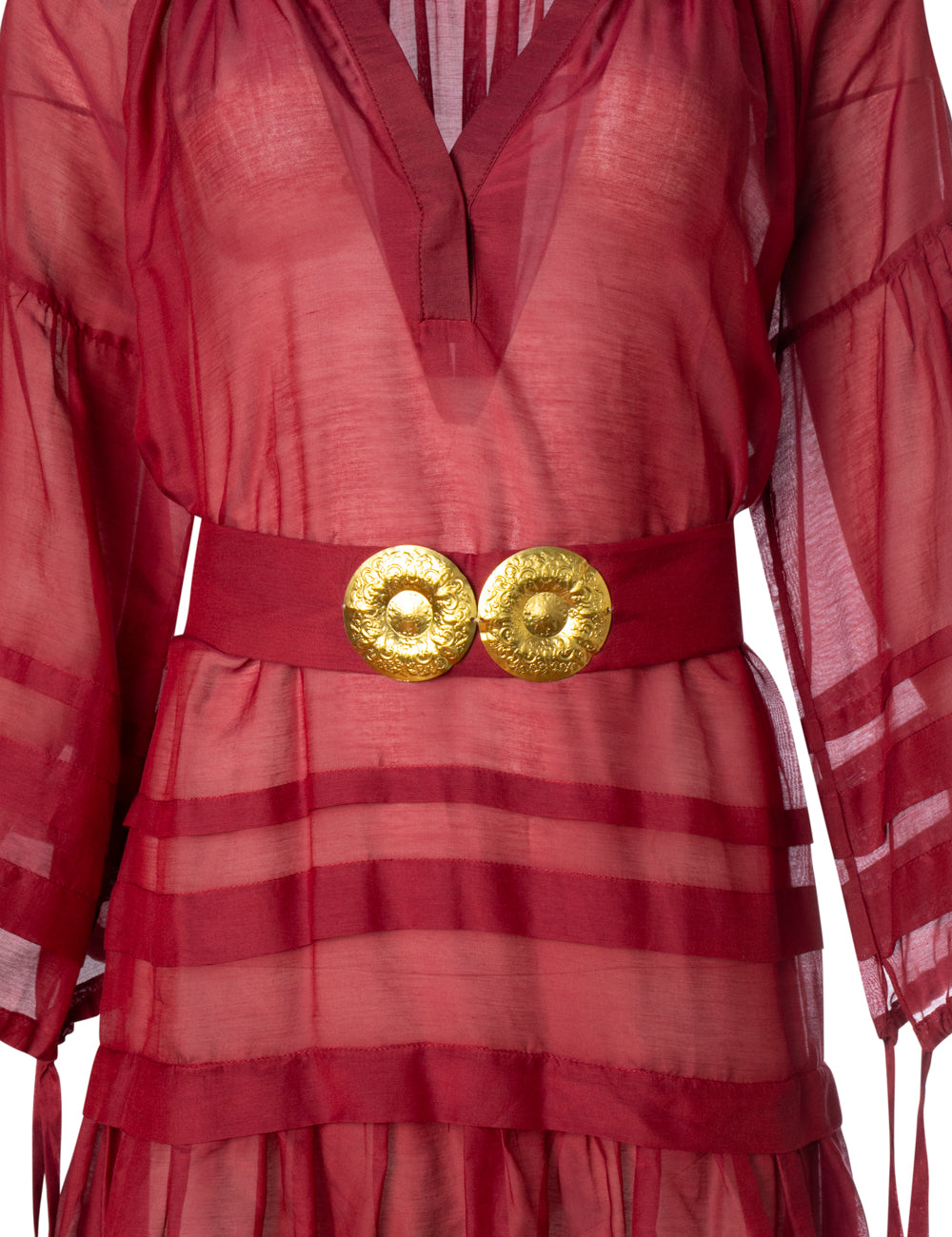MYKONOS MINI DRESS WITH GOLDEN BUCKLES AND TASSELS