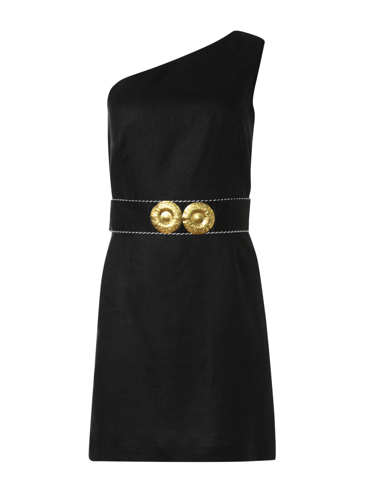 INO ONE SHOULDER LINEN MINI DRESS WITH GOLDEN BUCKLES Black / S