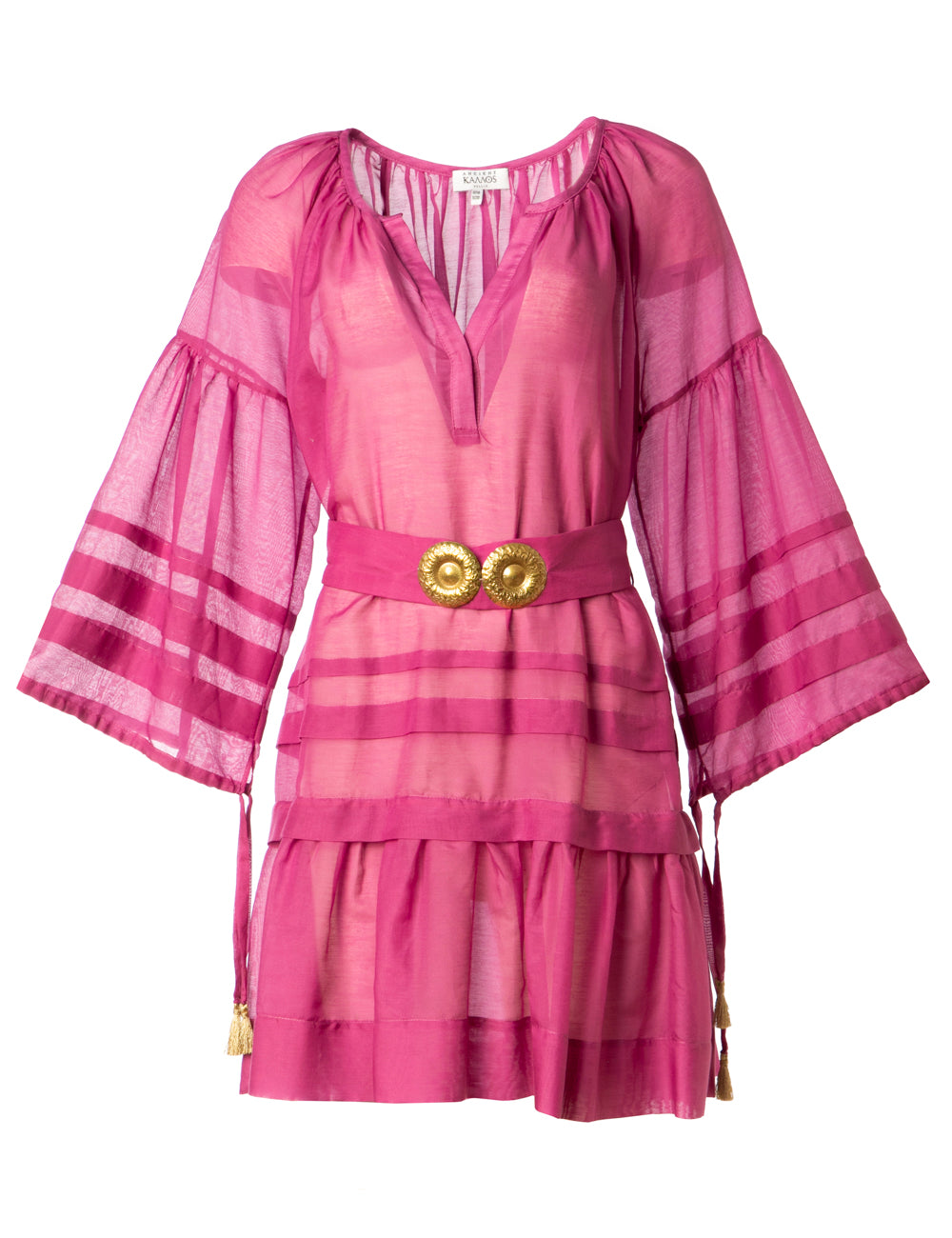 MYKONOS MINI DRESS WITH GOLDEN BUCKLES AND TASSELS - WEB EXCLUSIVE