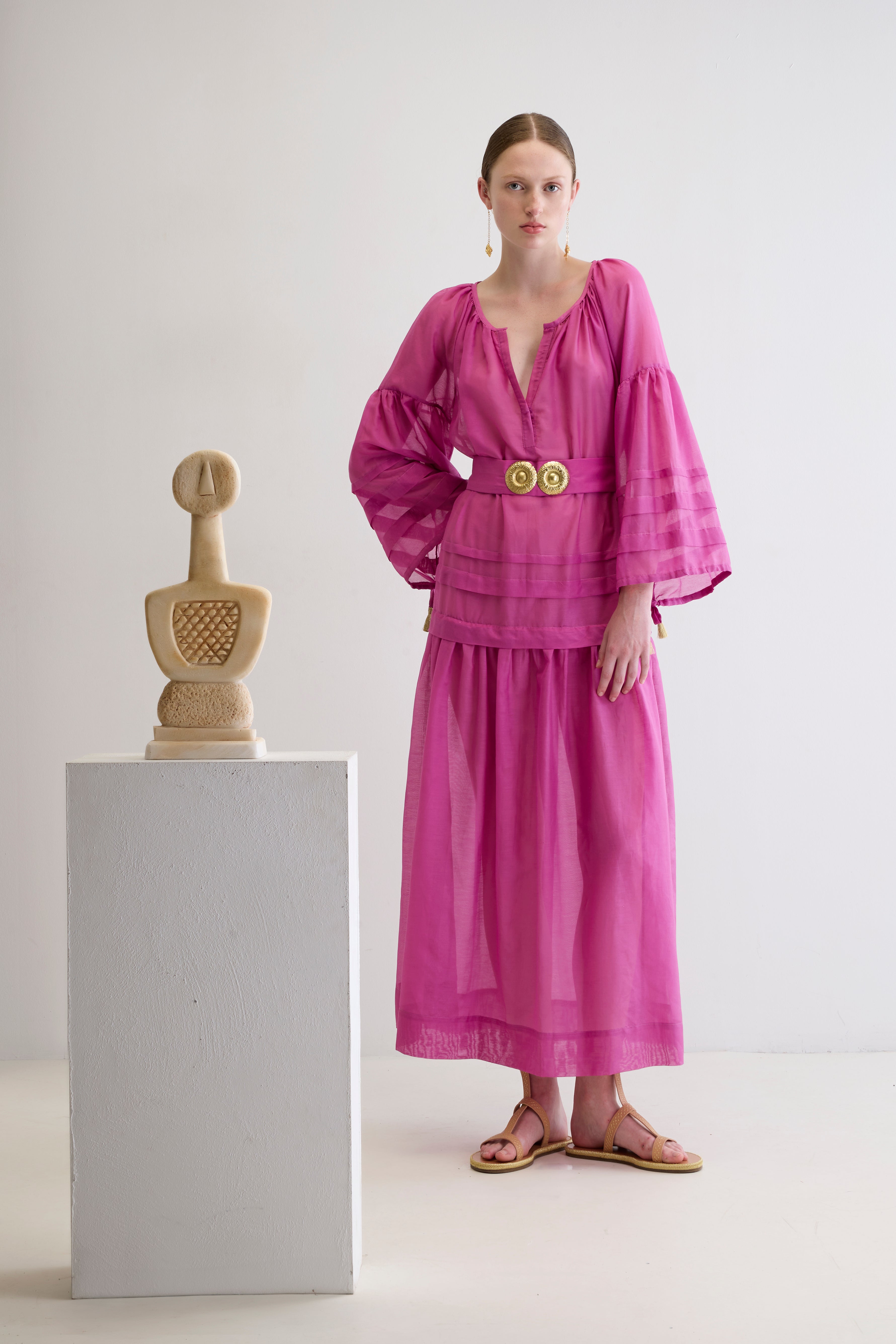 MYKONOS LONG DRESS WITH GOLDEN BUCKLES AND TASSELS