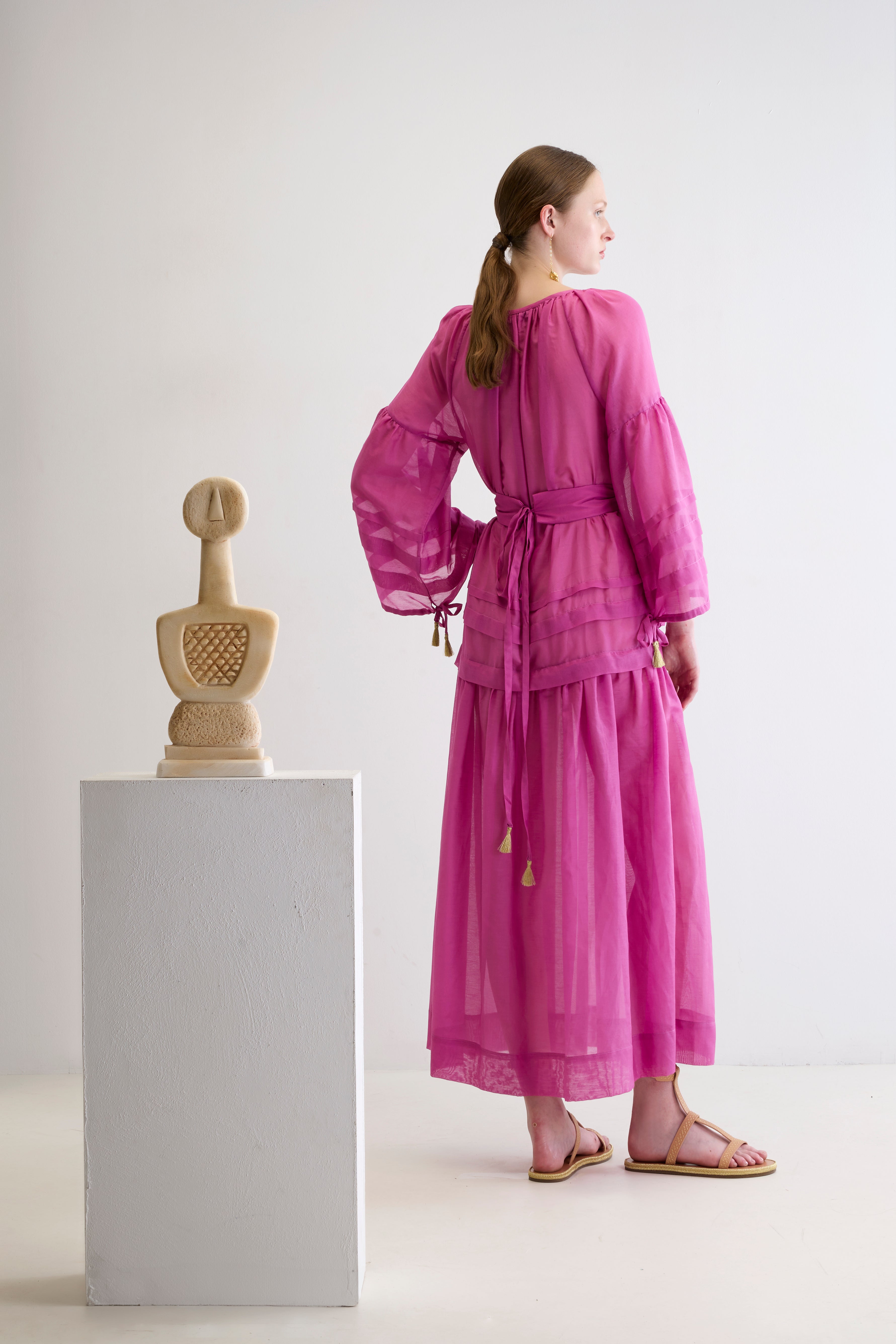 MYKONOS LONG DRESS WITH GOLDEN BUCKLES AND TASSELS
