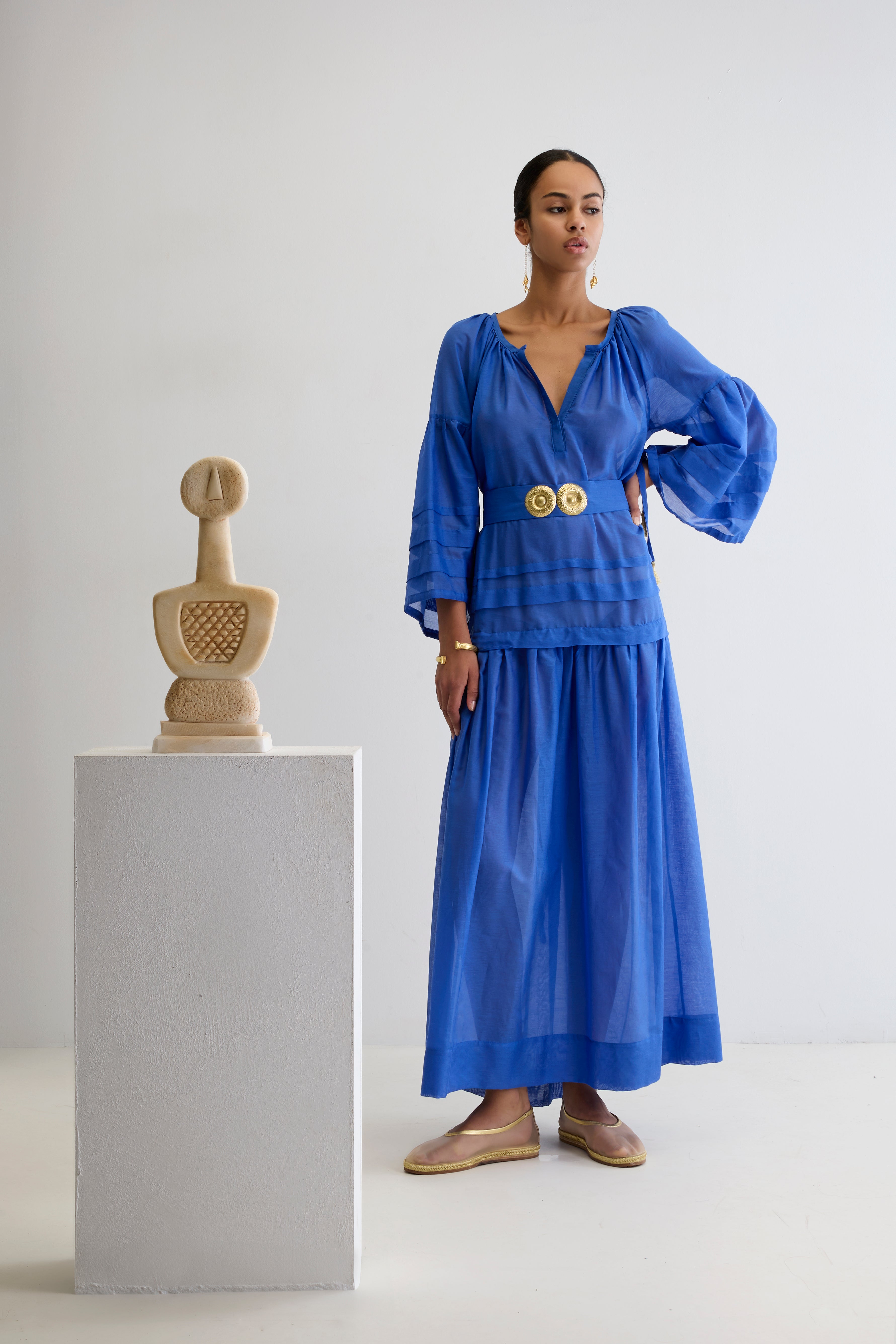 MYKONOS LONG DRESS WITH GOLDEN BUCKLES AND TASSELS