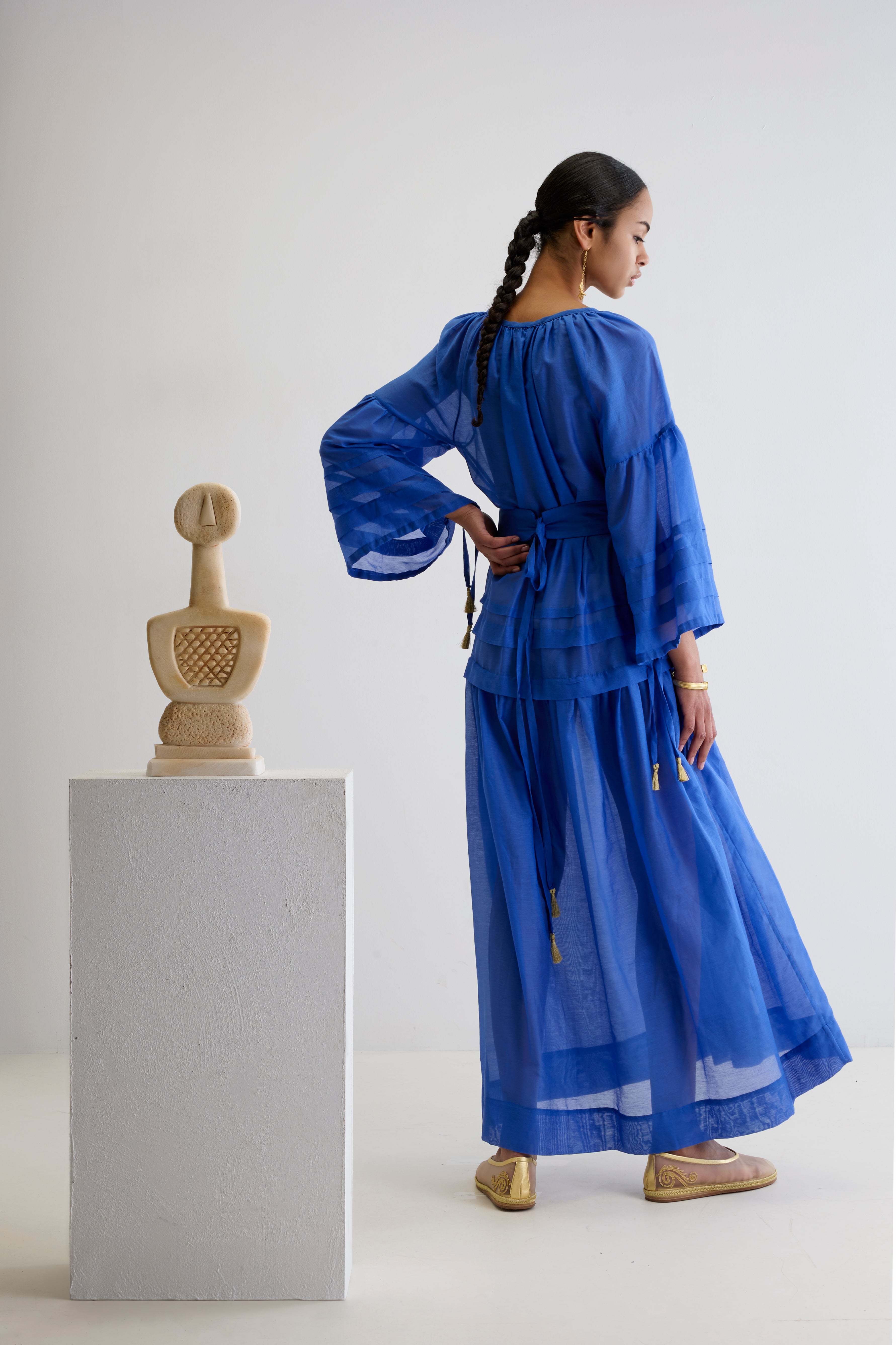 MYKONOS LONG DRESS WITH GOLDEN BUCKLES AND TASSELS