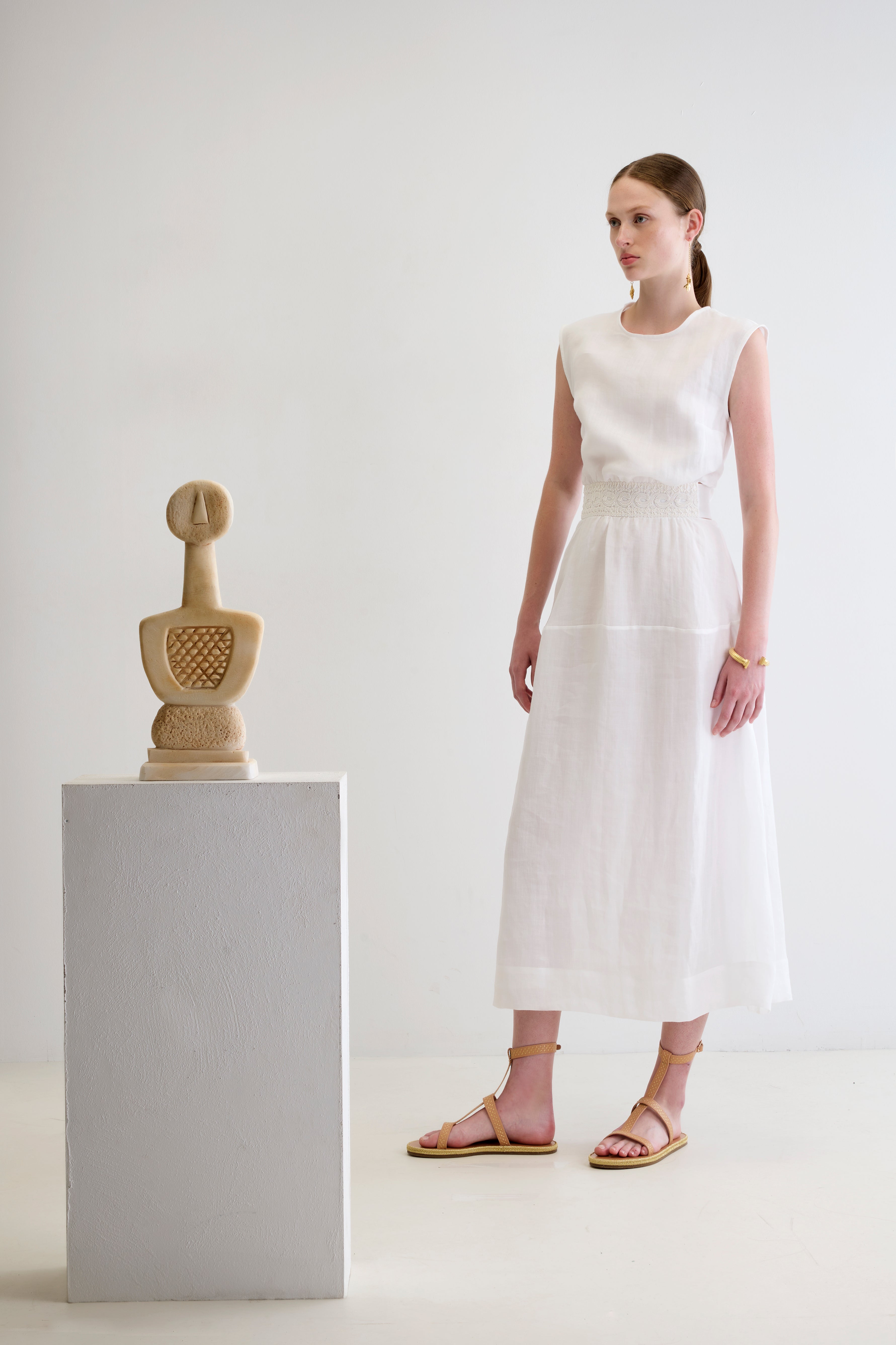 AMALIA CORD EMBROIDERED CUTOUT GATHERED MIDI DRESS