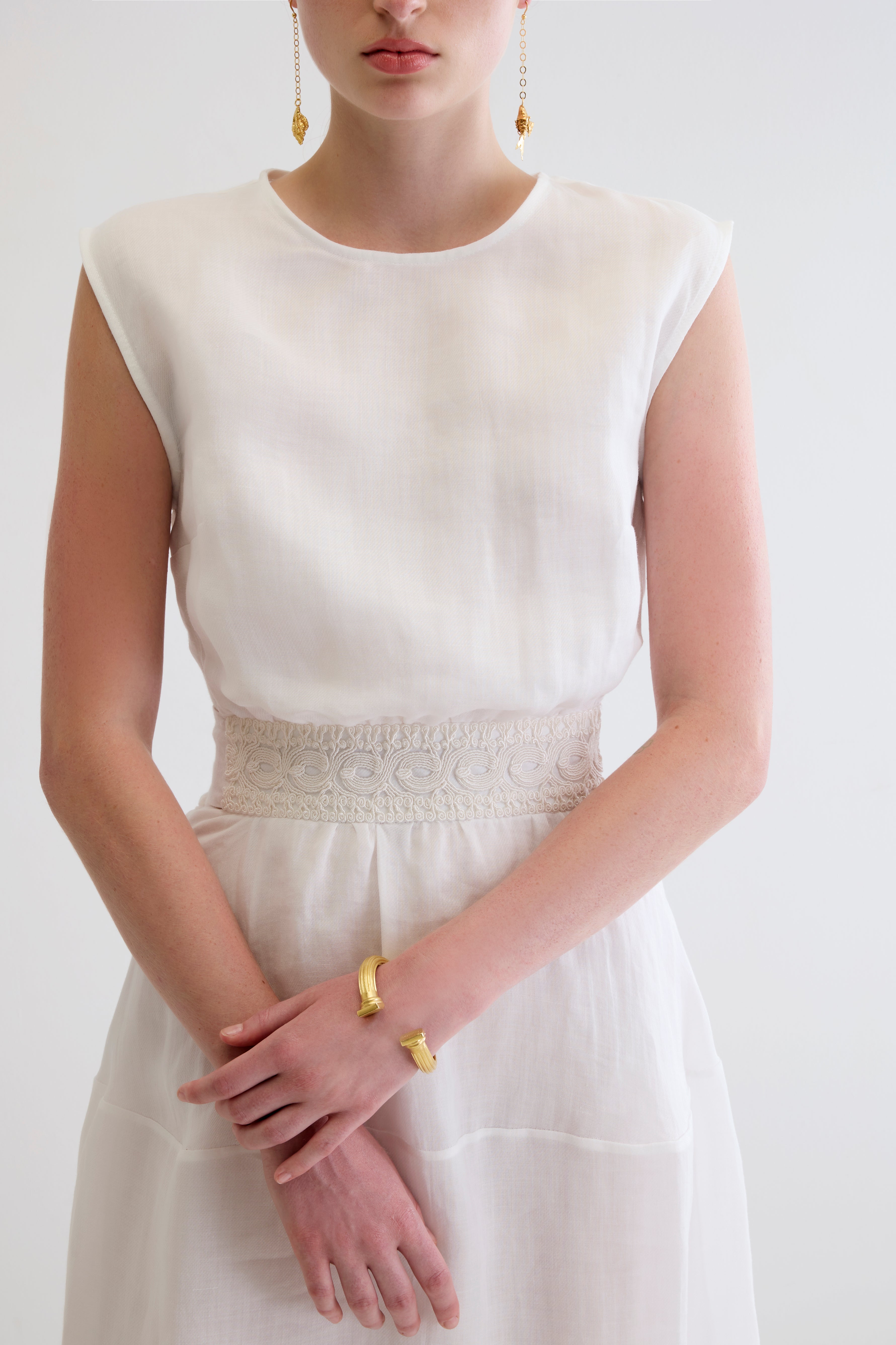 AMALIA CORD EMBROIDERED CUTOUT GATHERED MIDI DRESS