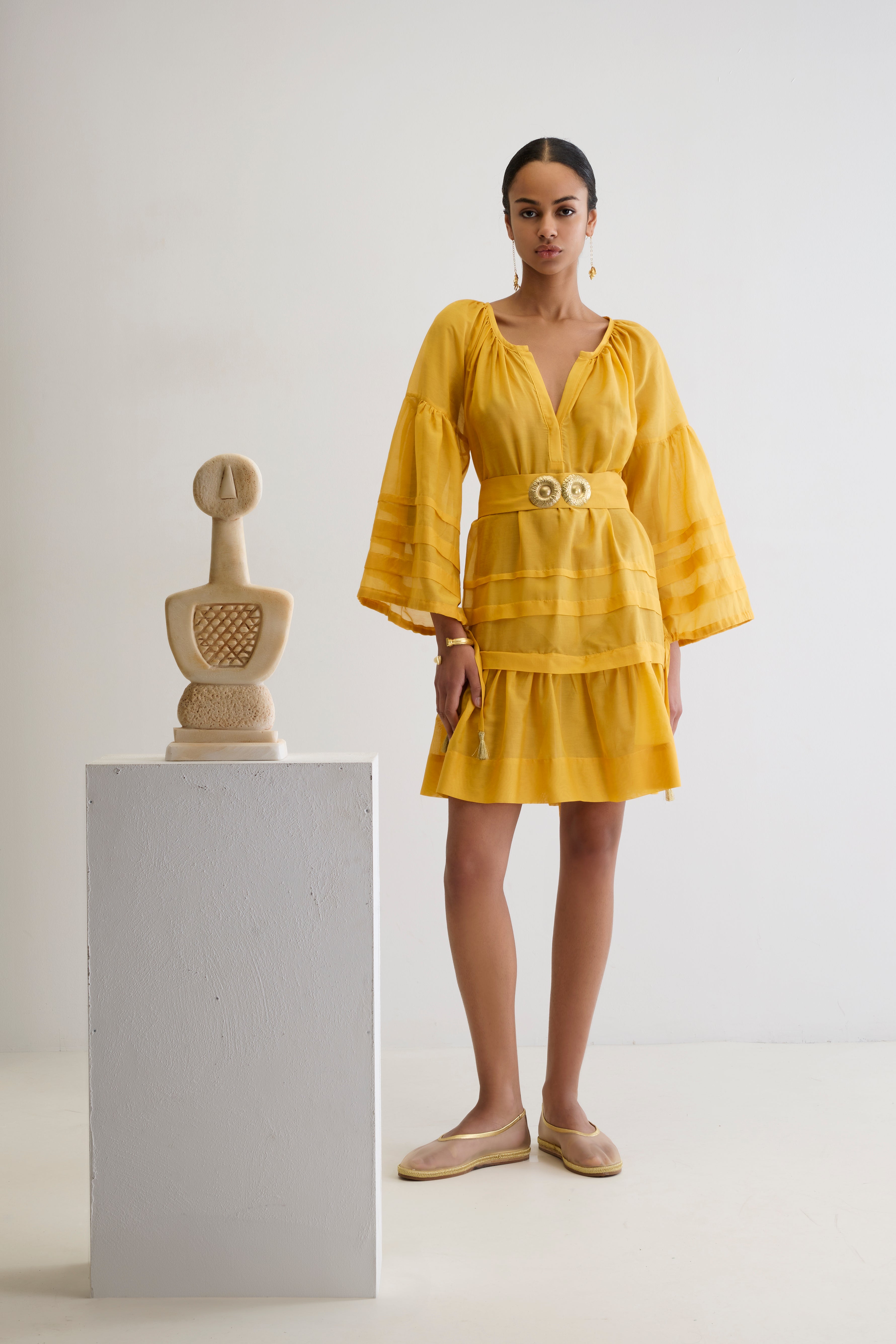 MYKONOS MINI DRESS WITH GOLDEN BUCKLES AND TASSELS