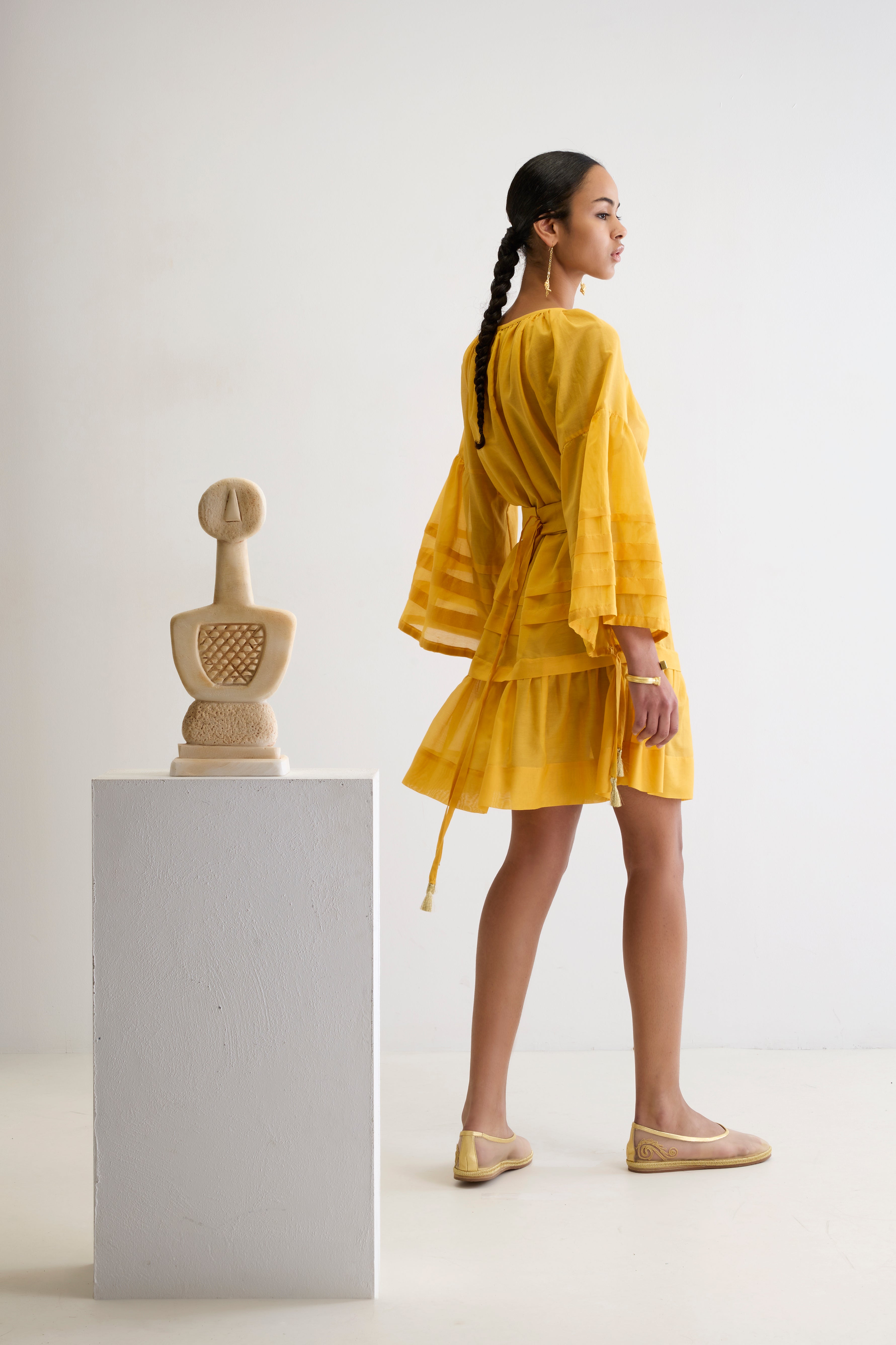 MYKONOS MINI DRESS WITH GOLDEN BUCKLES AND TASSELS