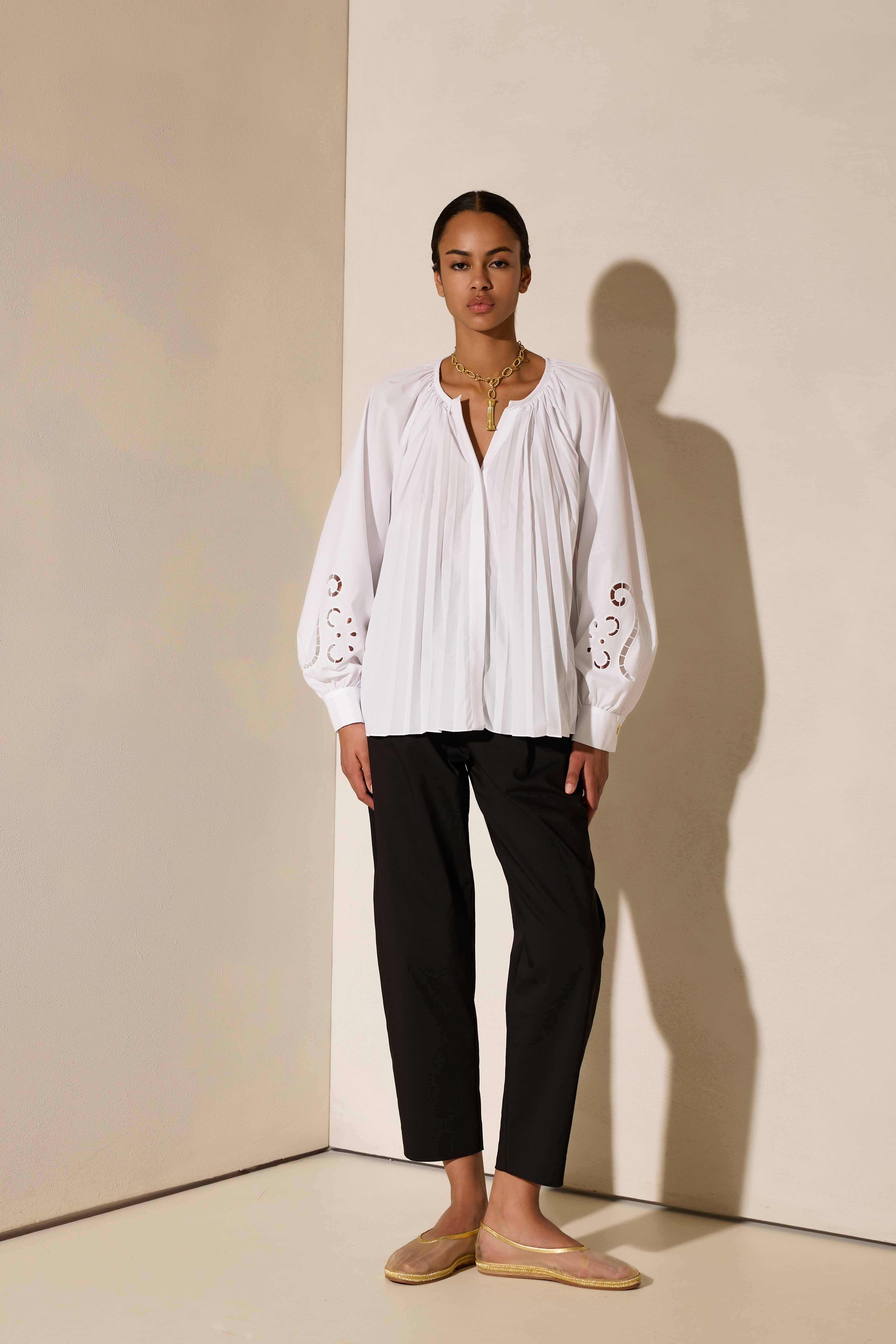 EUGENIA CUT-EMBROIDERED PLEATED SHIRT
