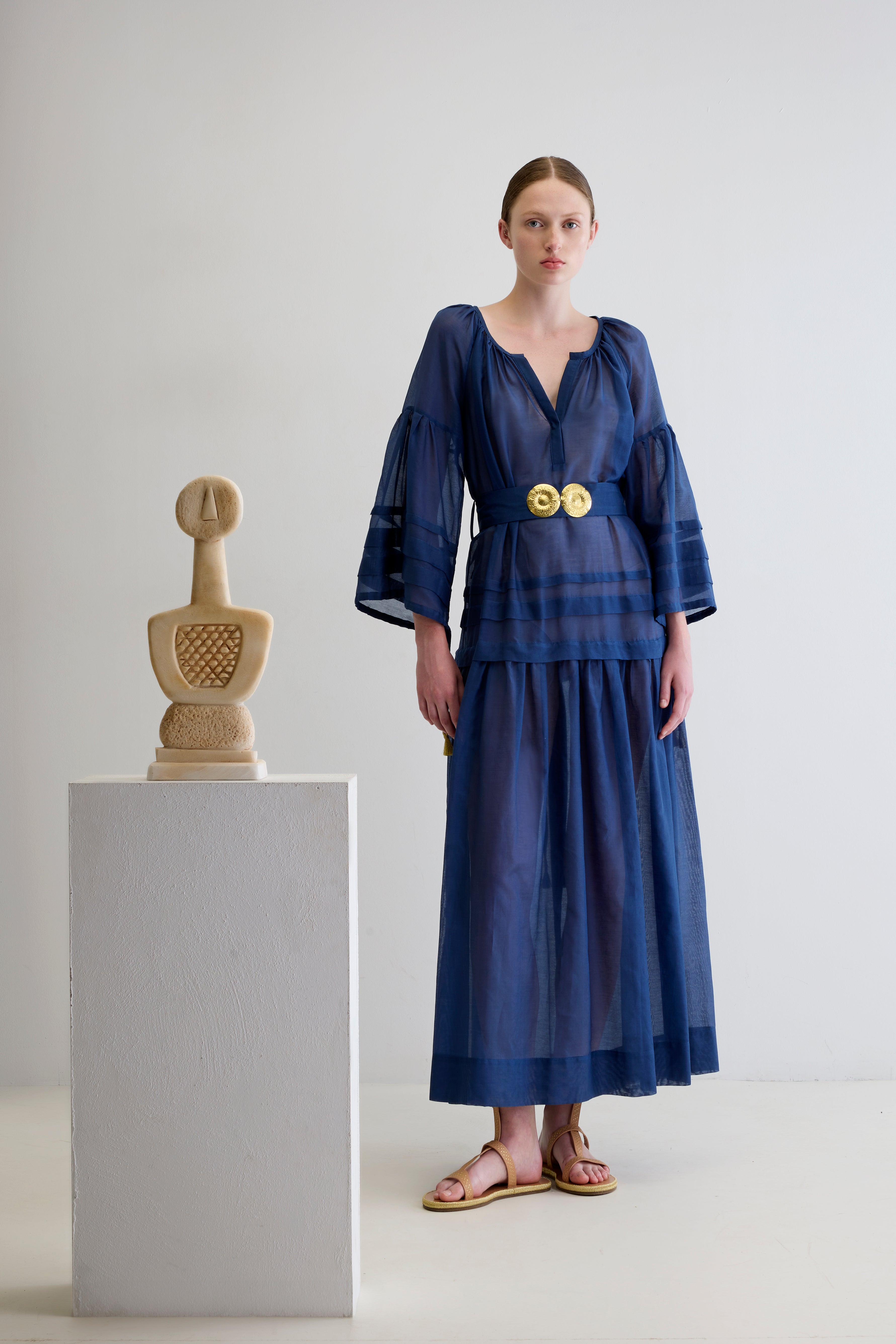 MYKONOS LONG DRESS WITH GOLDEN BUCKLES AND TASSELS