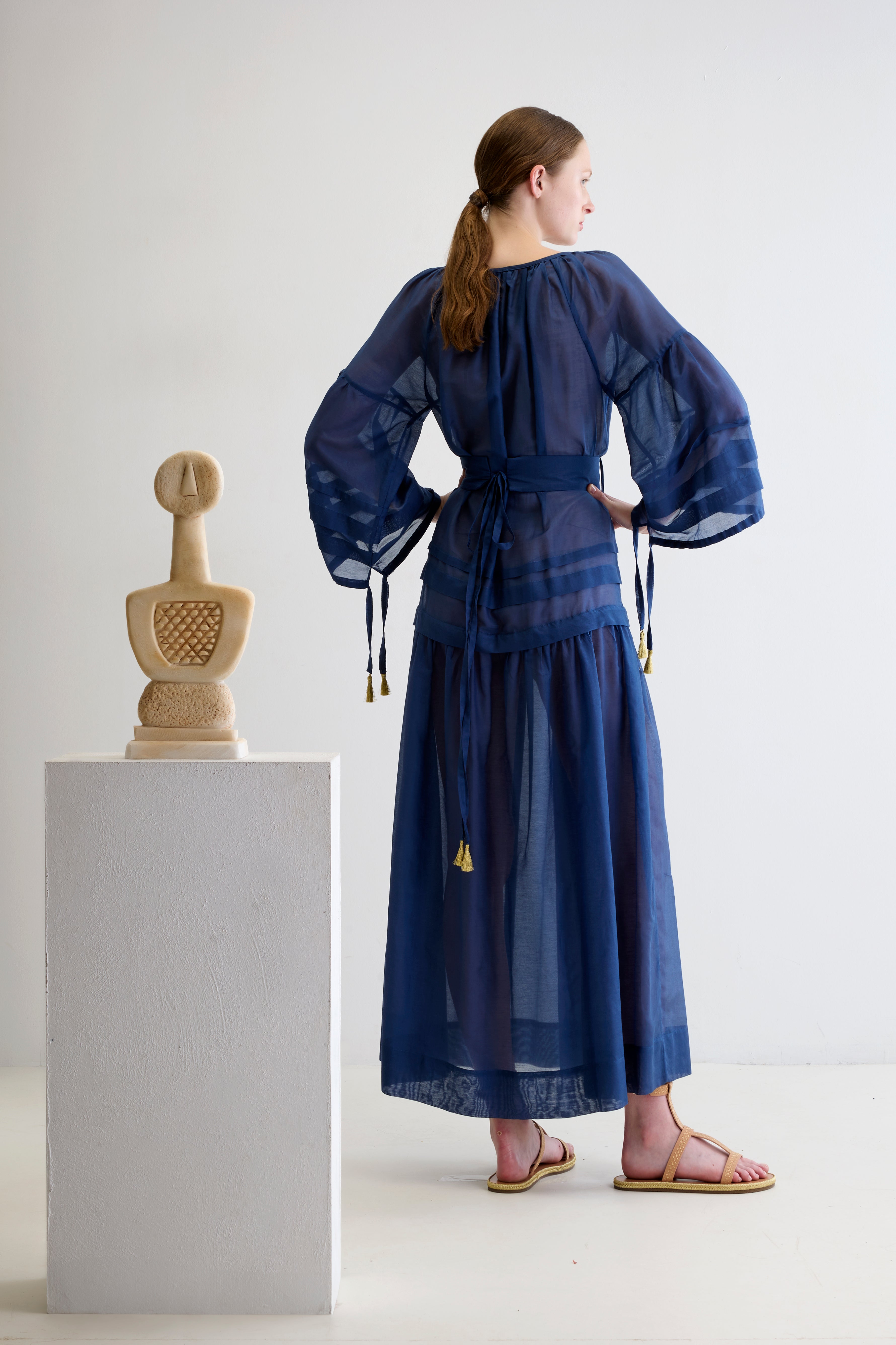 MYKONOS LONG DRESS WITH GOLDEN BUCKLES AND TASSELS