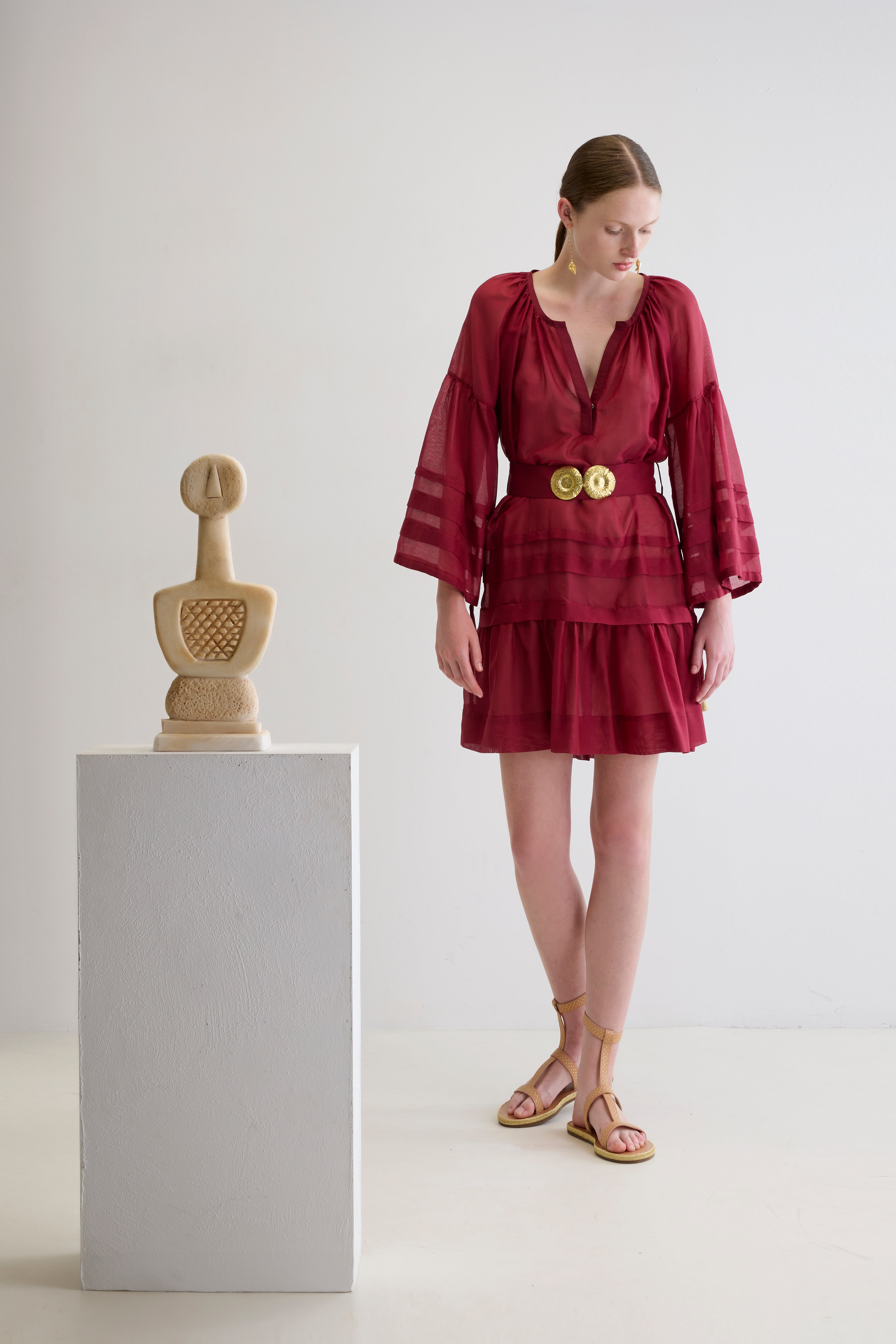 MYKONOS MINI DRESS WITH GOLDEN BUCKLES AND TASSELS