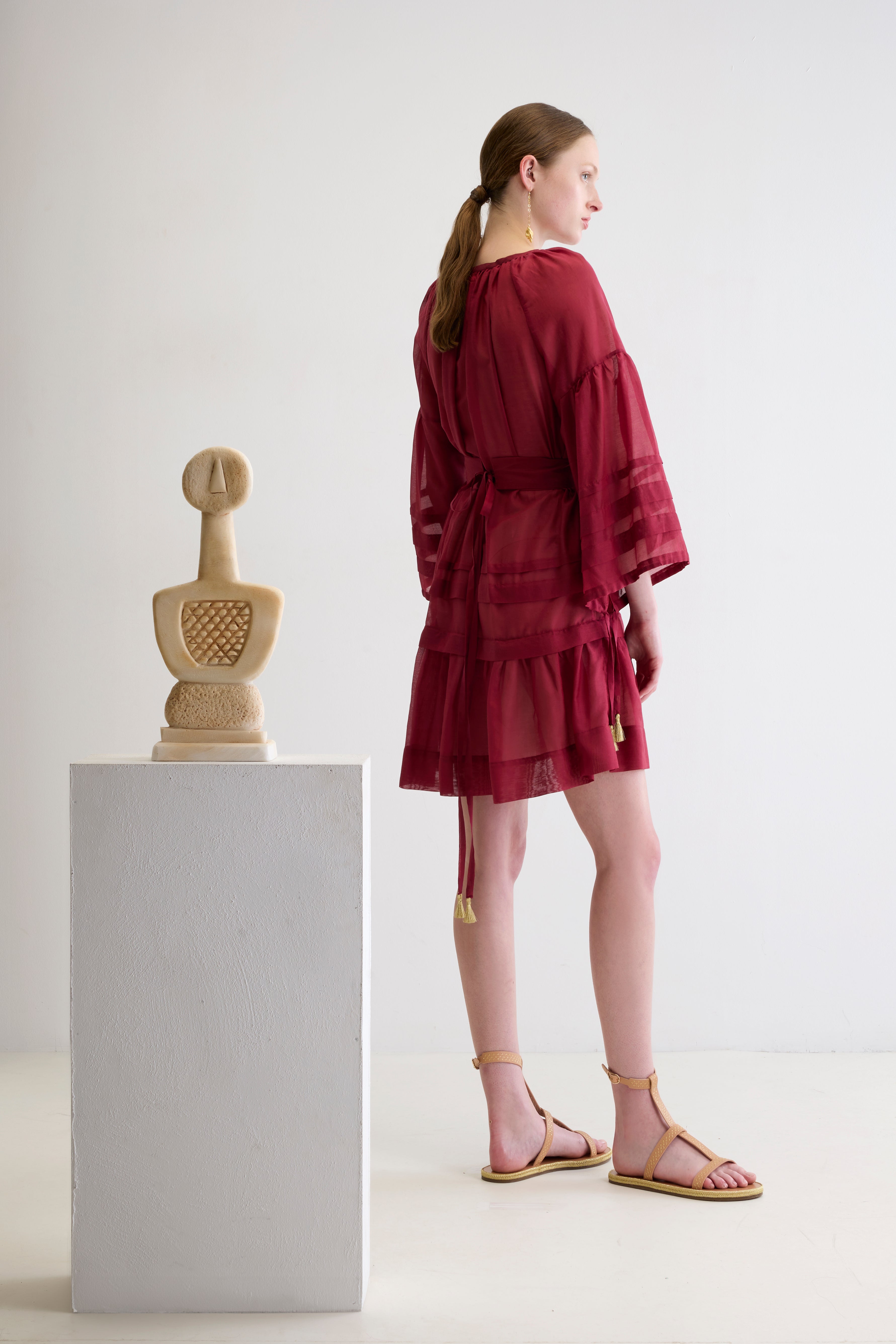 MYKONOS MINI DRESS WITH GOLDEN BUCKLES AND TASSELS