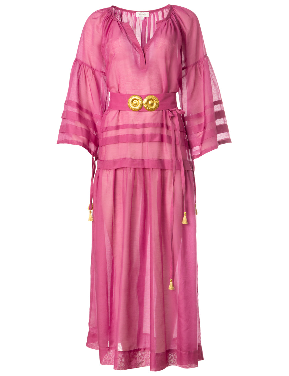 MYKONOS LONG DRESS WITH GOLDEN BUCKLES AND TASSELS