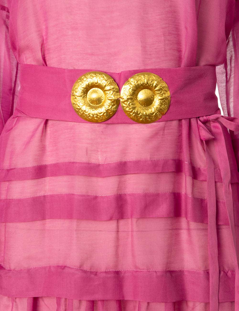 MYKONOS LONG DRESS WITH GOLDEN BUCKLES AND TASSELS