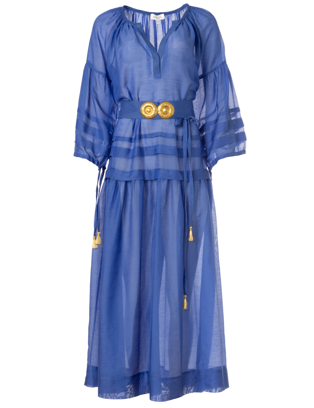 MYKONOS LONG DRESS WITH GOLDEN BUCKLES AND TASSELS