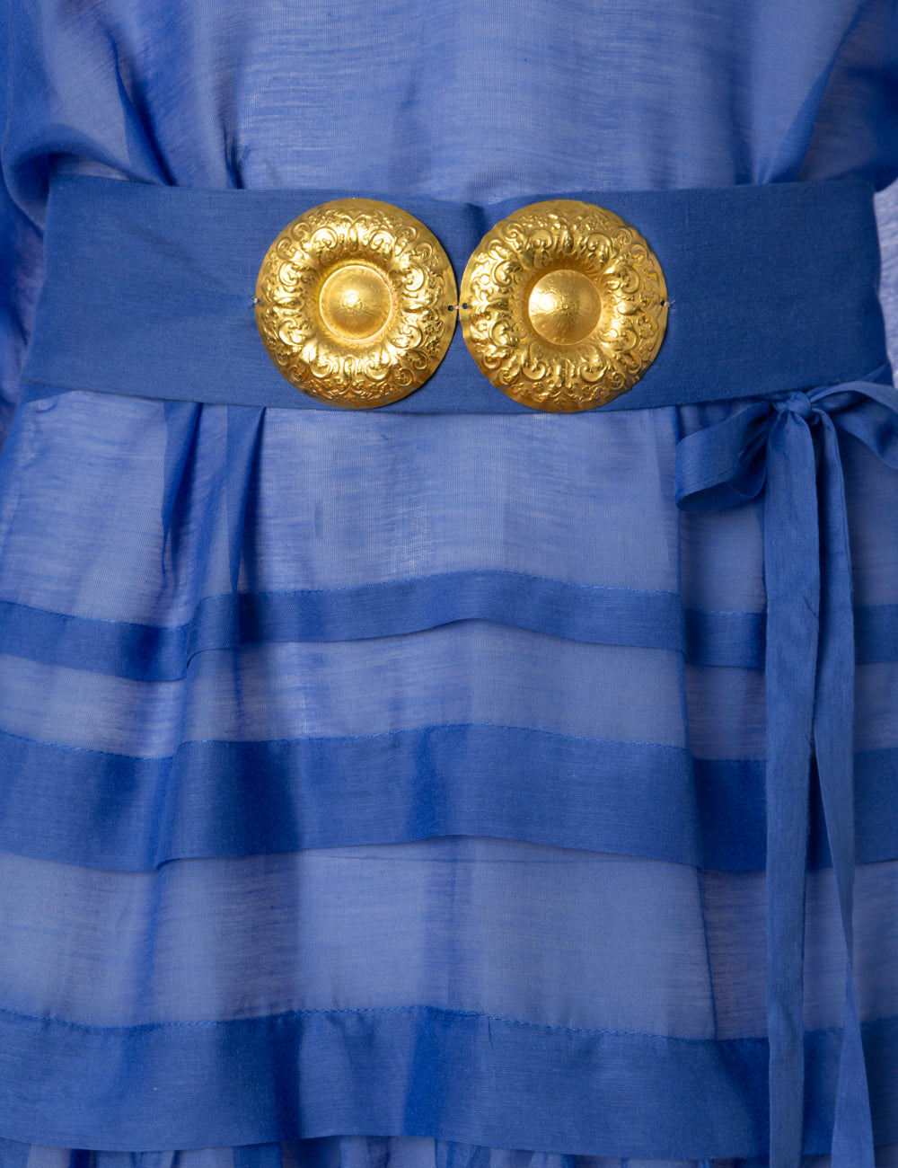 MYKONOS LONG DRESS WITH GOLDEN BUCKLES AND TASSELS