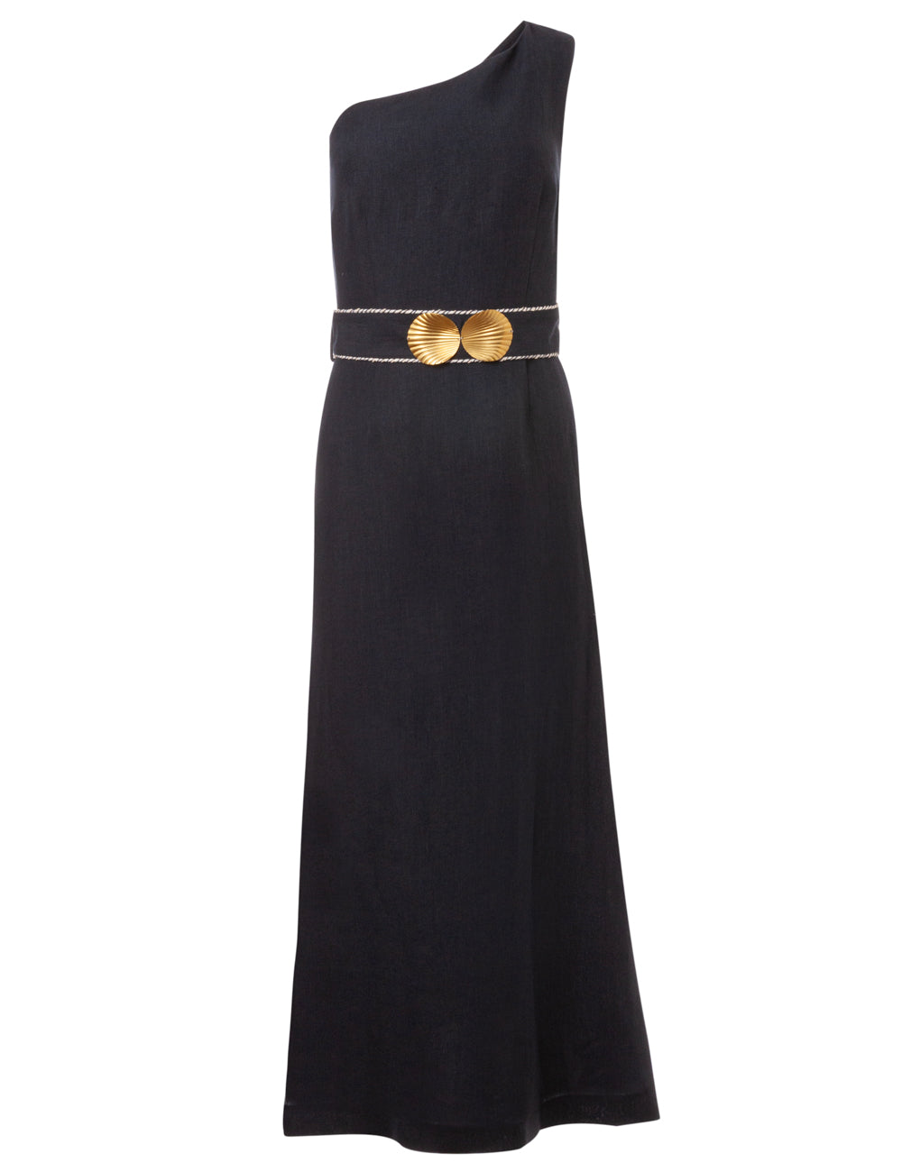 INO LINEN ONE SHOULDER DRESS WITH GOLDEN SHELL-BUCKLES INO LINEN ONE SHOULDER DRESS WITH GOLDEN SHELL-BUCKLES