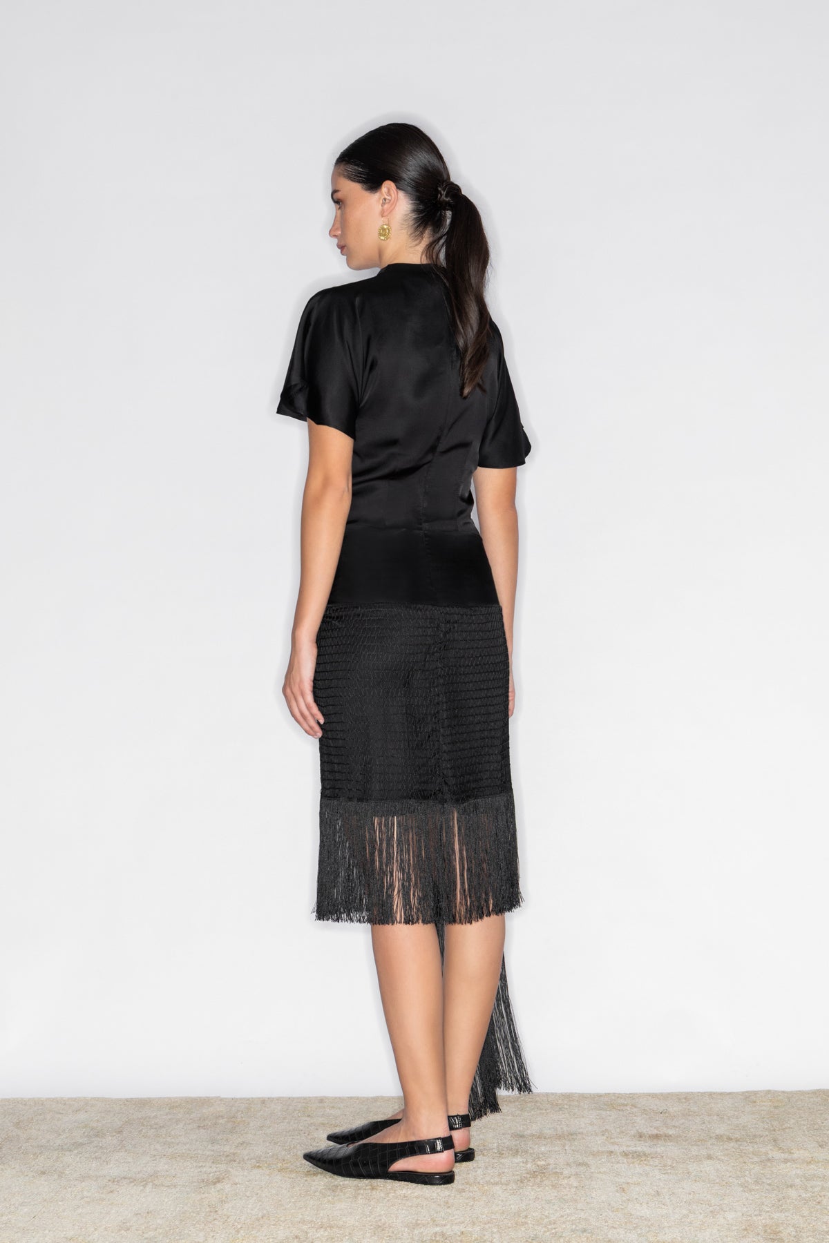 MNEMES DRAPED MIDI DRESS WITH FRINGE TRIM