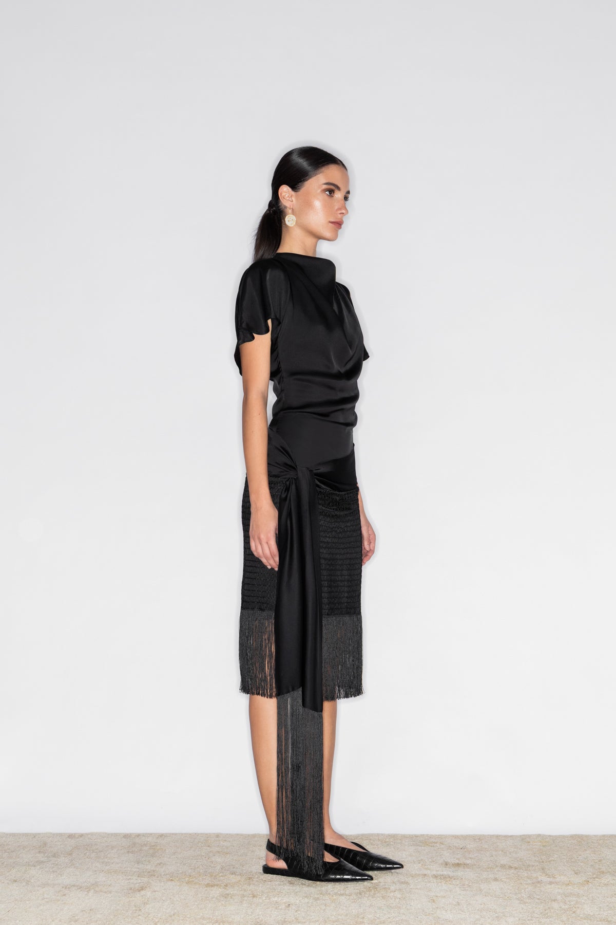 MNEMES DRAPED MIDI DRESS WITH FRINGE TRIM