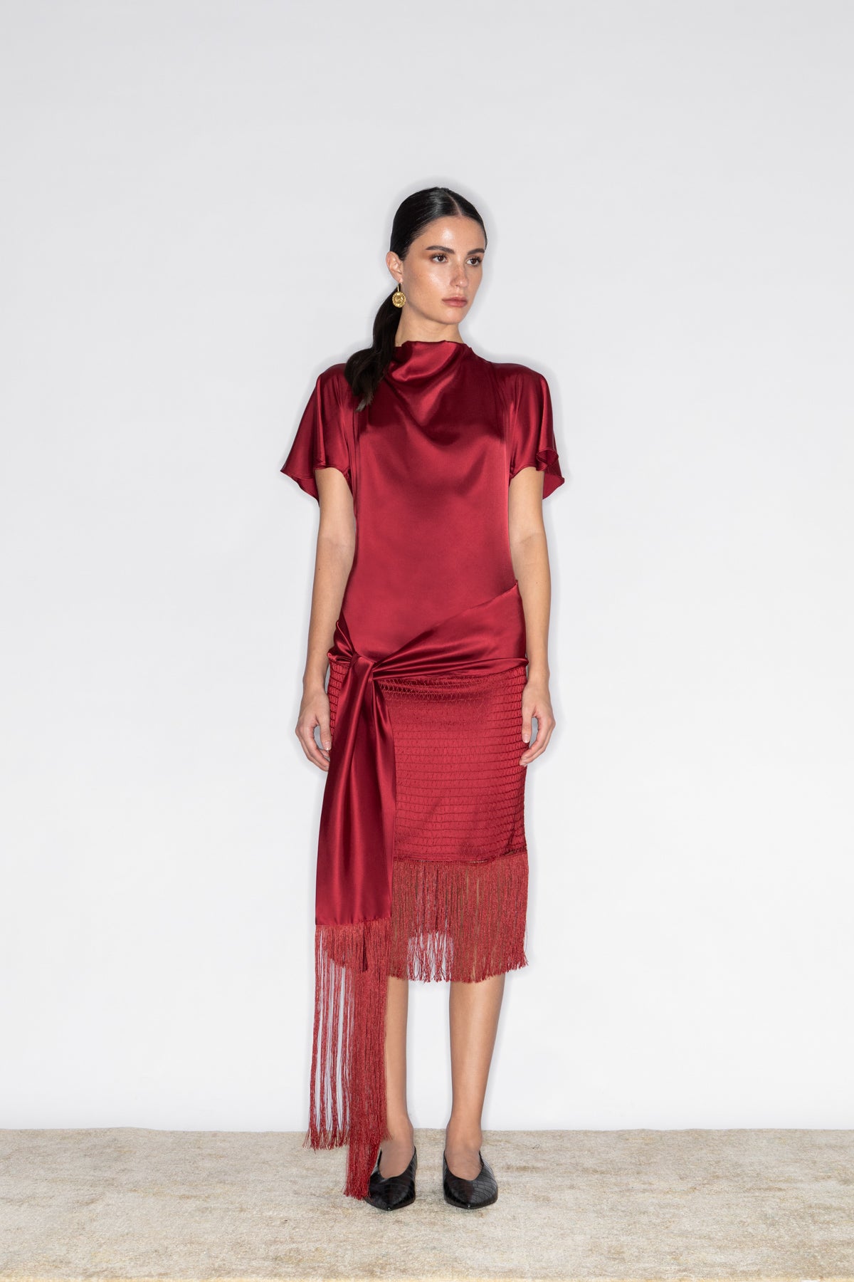 MNEMES DRAPED MIDI DRESS WITH FRINGE TRIM