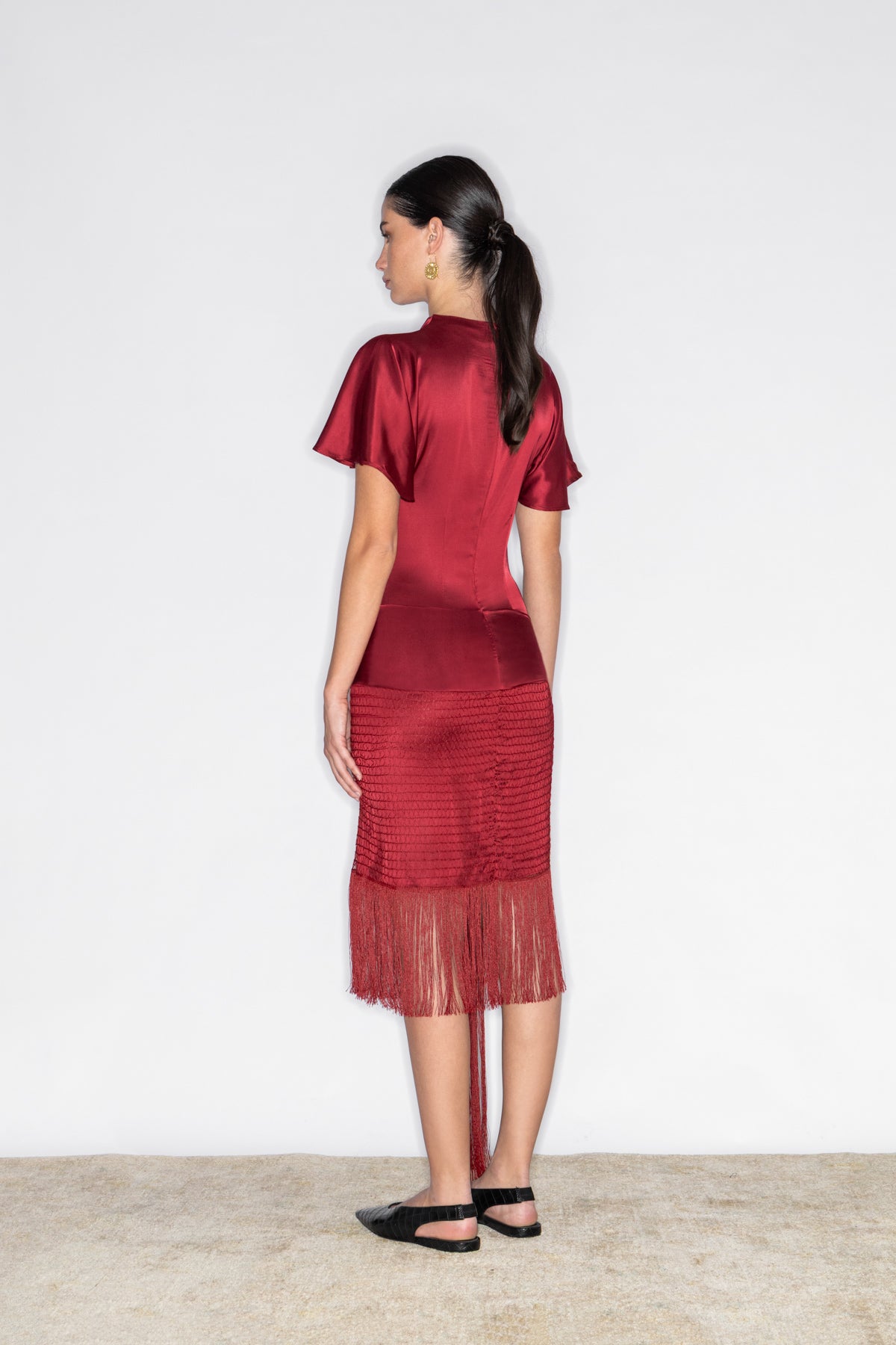 MNEMES DRAPED MIDI DRESS WITH FRINGE TRIM