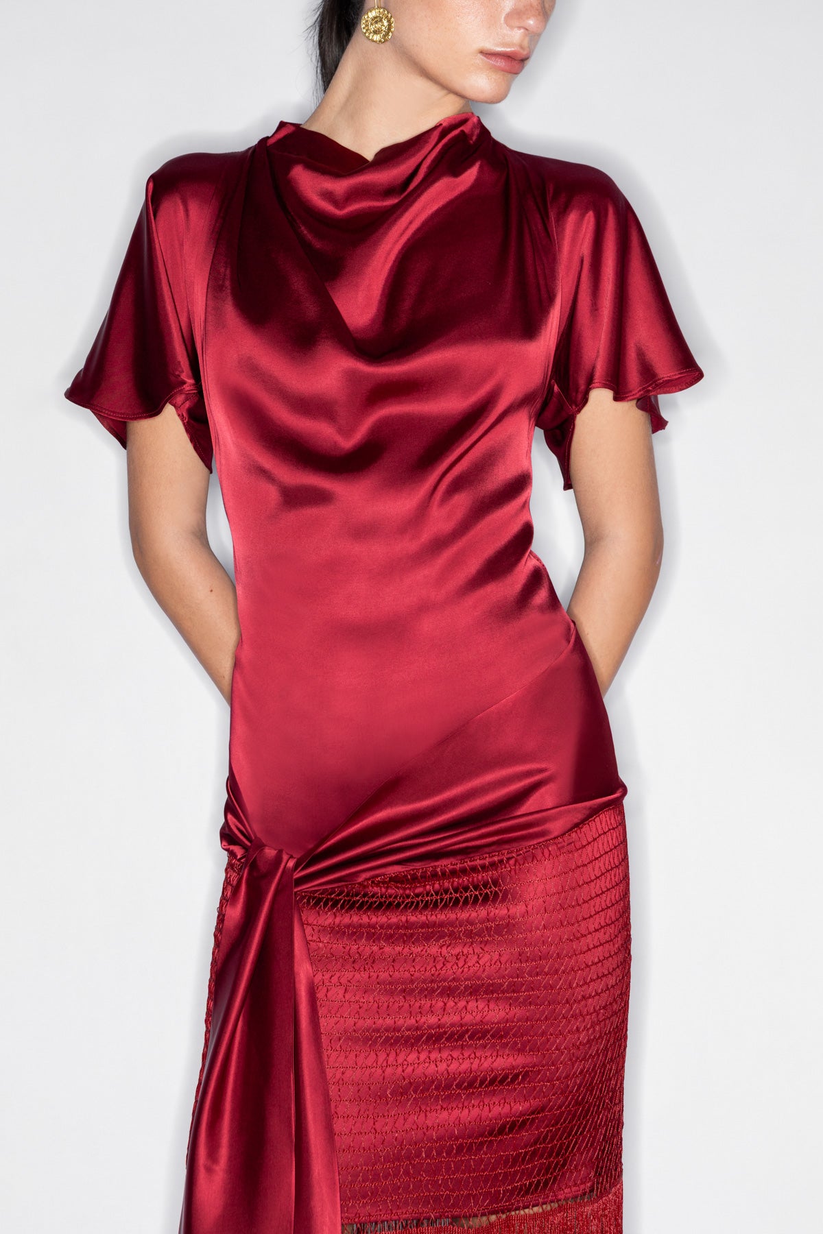 MNEMES DRAPED MIDI DRESS WITH FRINGE TRIM