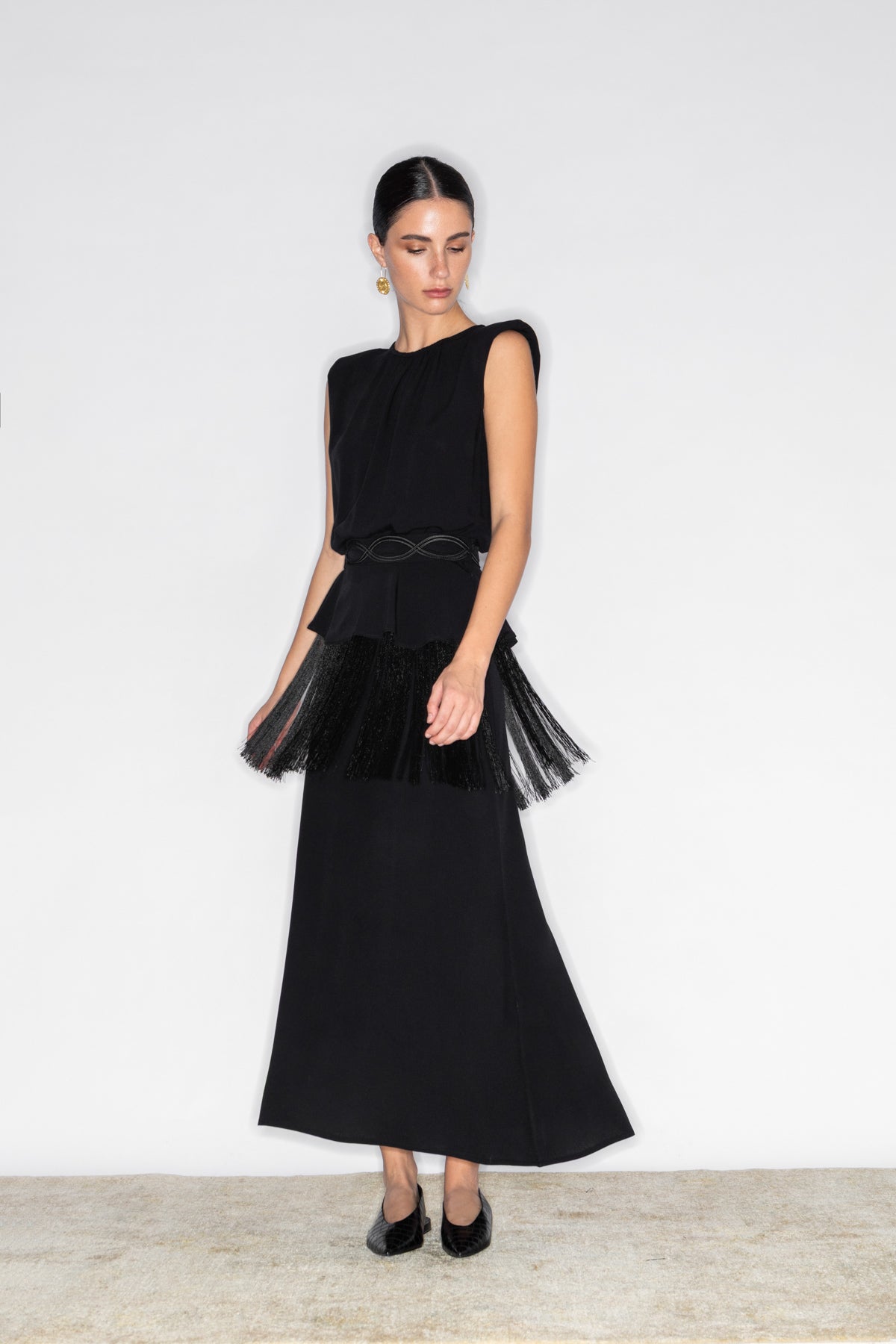 MIRES EMBROIDERED BELTED DRESS WITH FRINGE TRIM