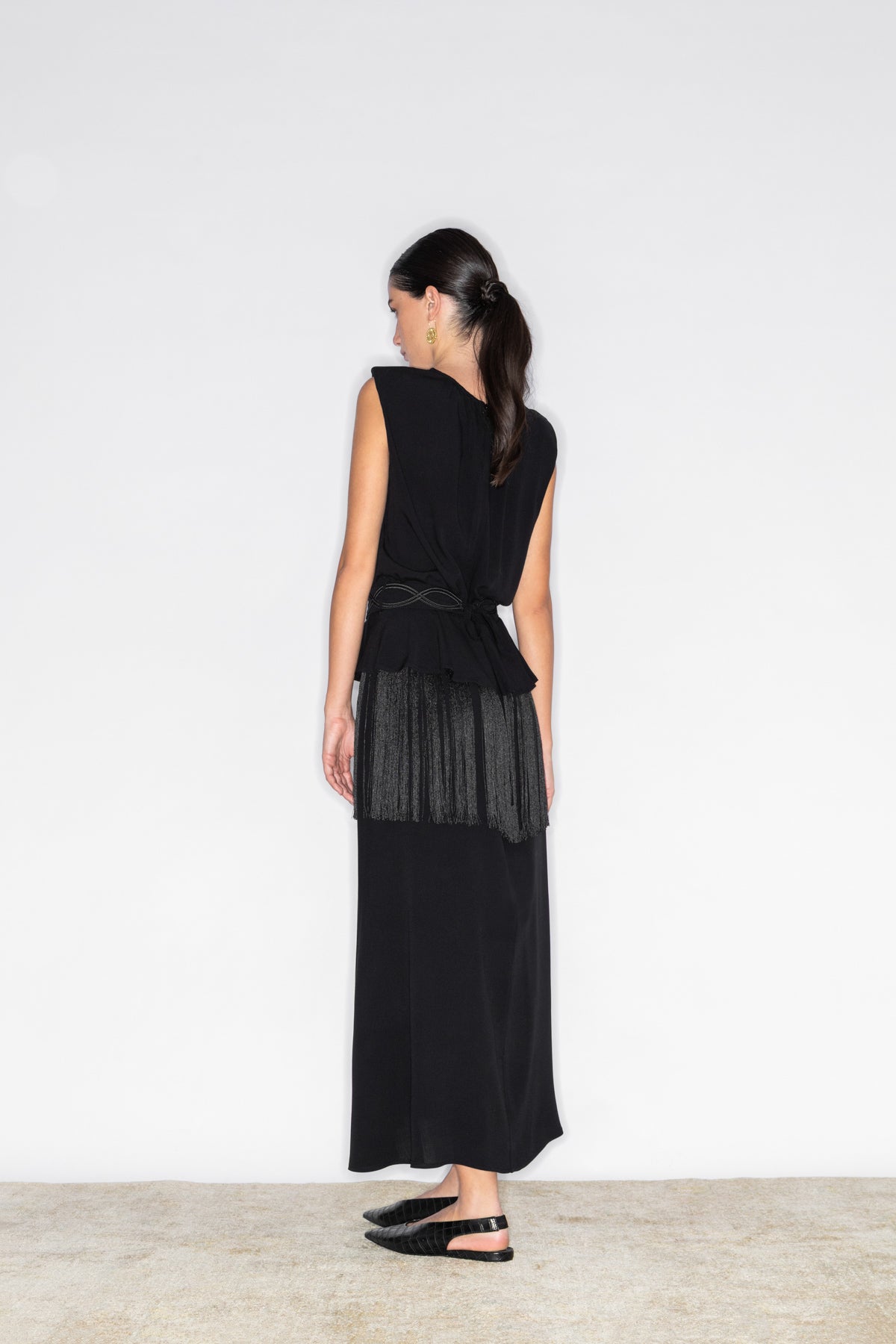 MIRES EMBROIDERED BELTED DRESS WITH FRINGE TRIM