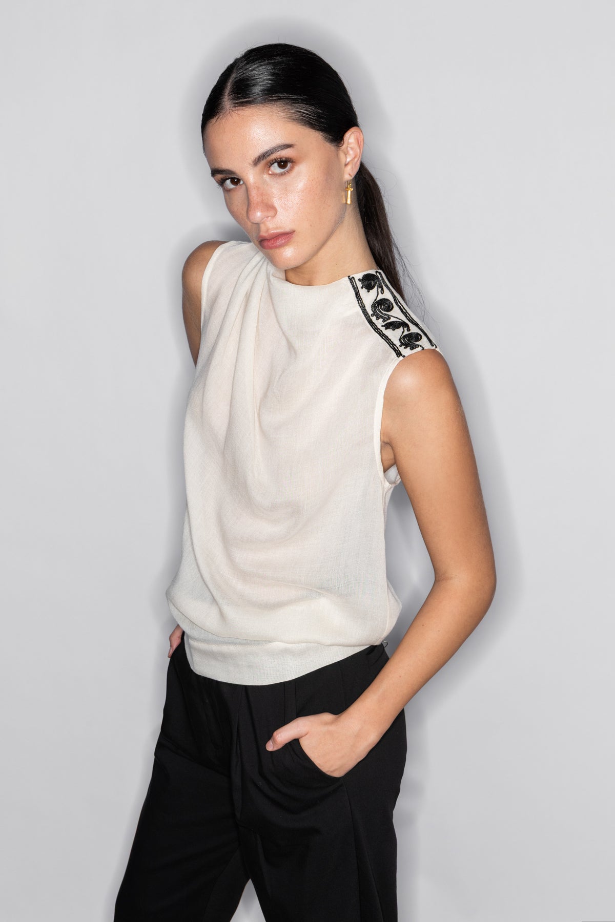 IOLE CORD EMBROIDERED DRAPED TOP