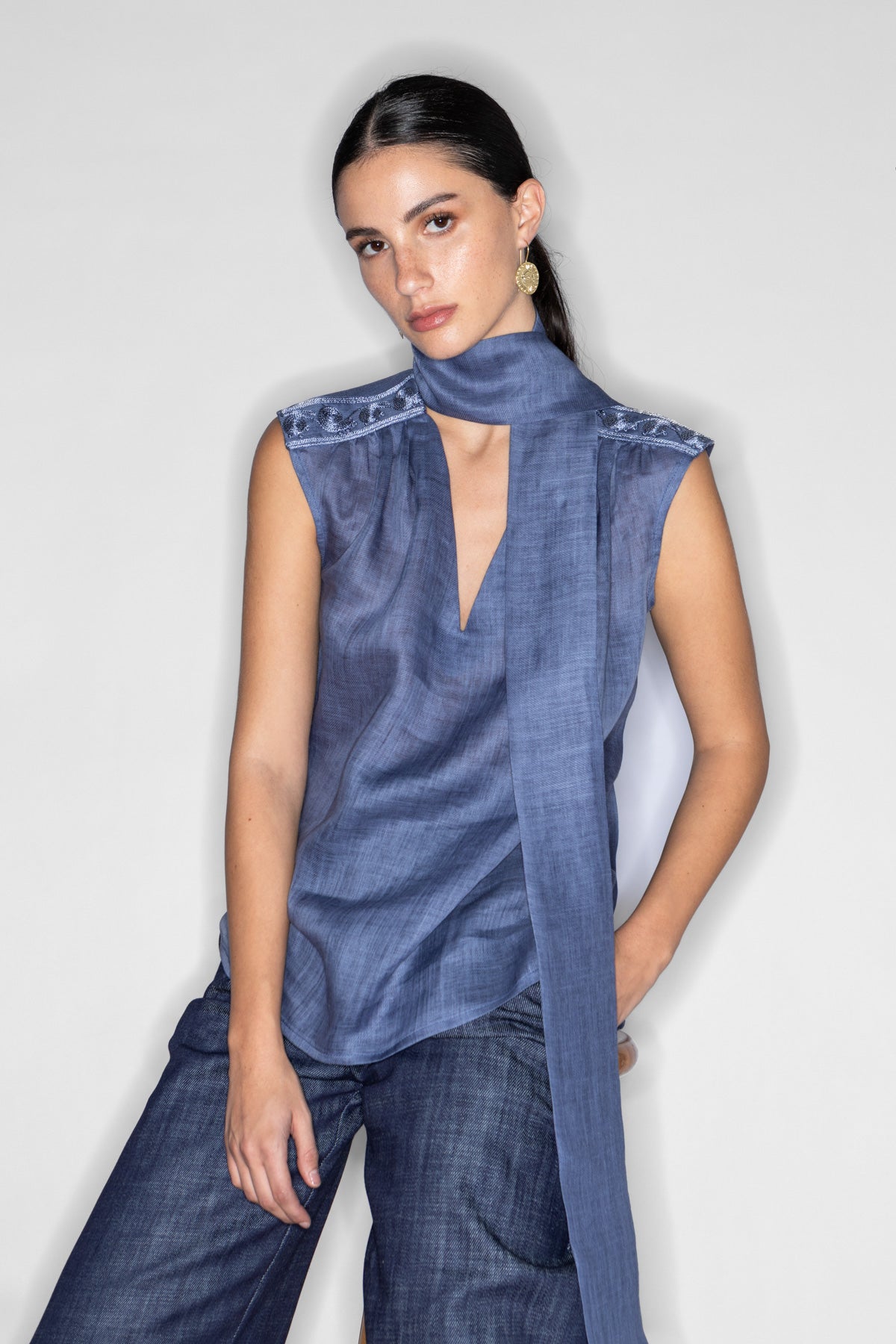 CALLIRRHOE CORD EMBROIDERED SCARF TOP