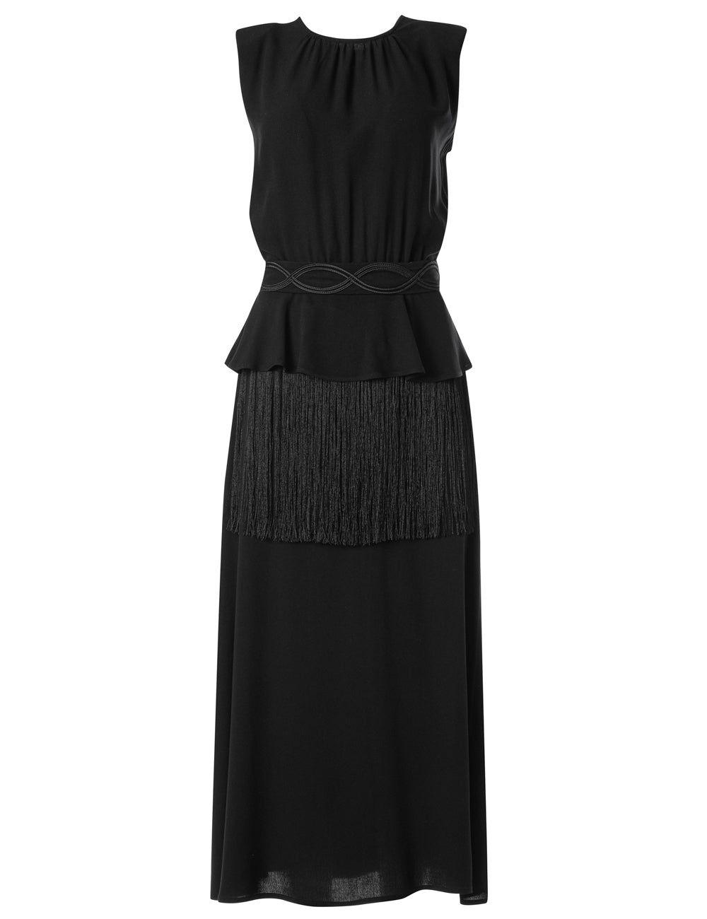MIRES EMBROIDERED BELTED DRESS WITH FRINGE TRIM