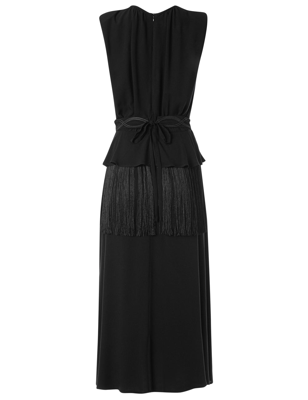 MIRES EMBROIDERED BELTED DRESS WITH FRINGE TRIM