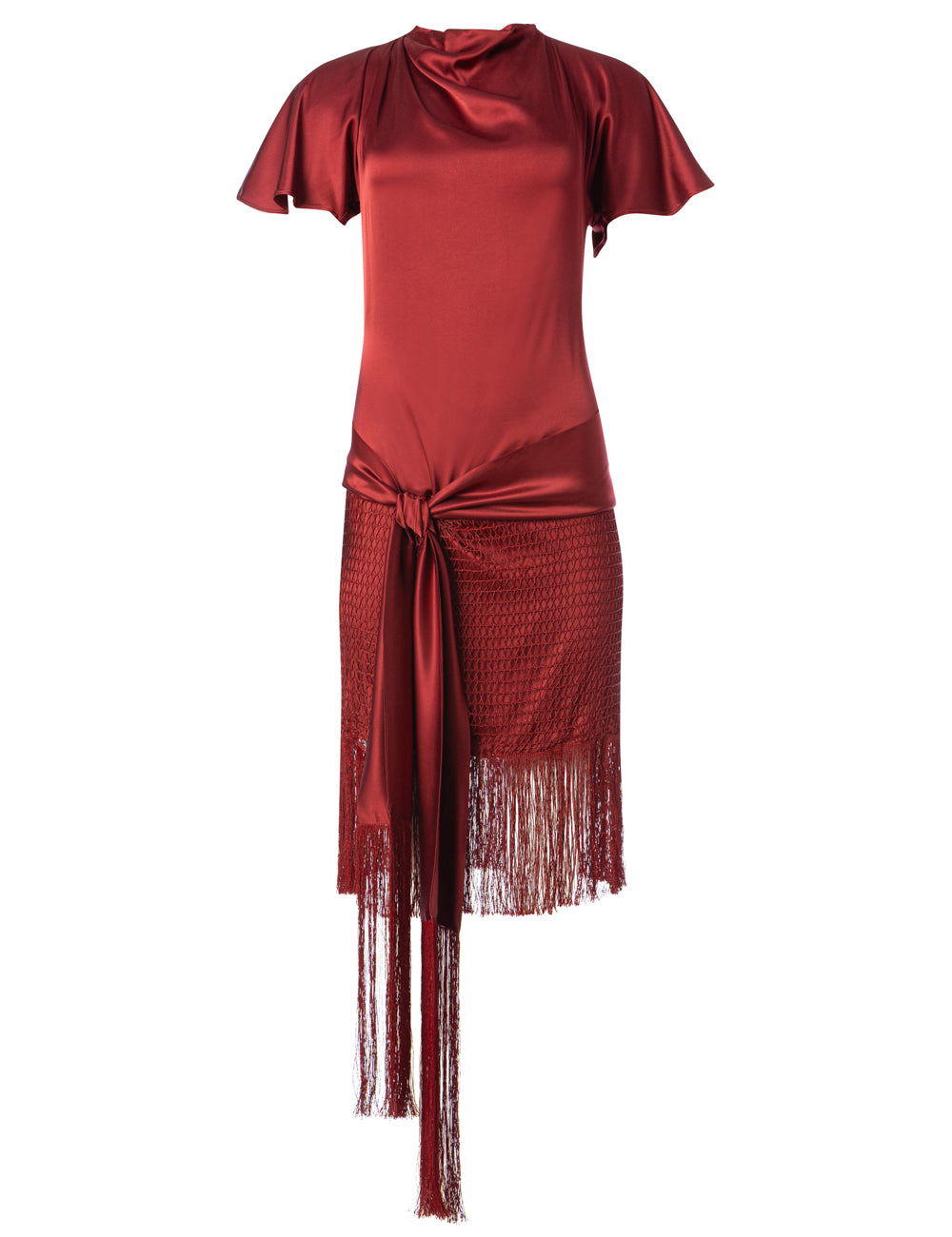 MNEMES DRAPED MIDI DRESS WITH FRINGE TRIM