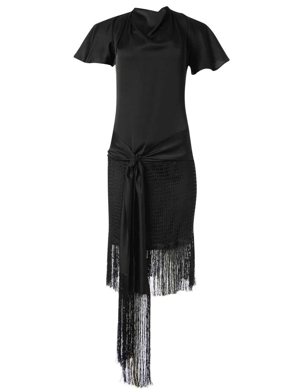 MNEMES DRAPED MIDI DRESS WITH FRINGE TRIM