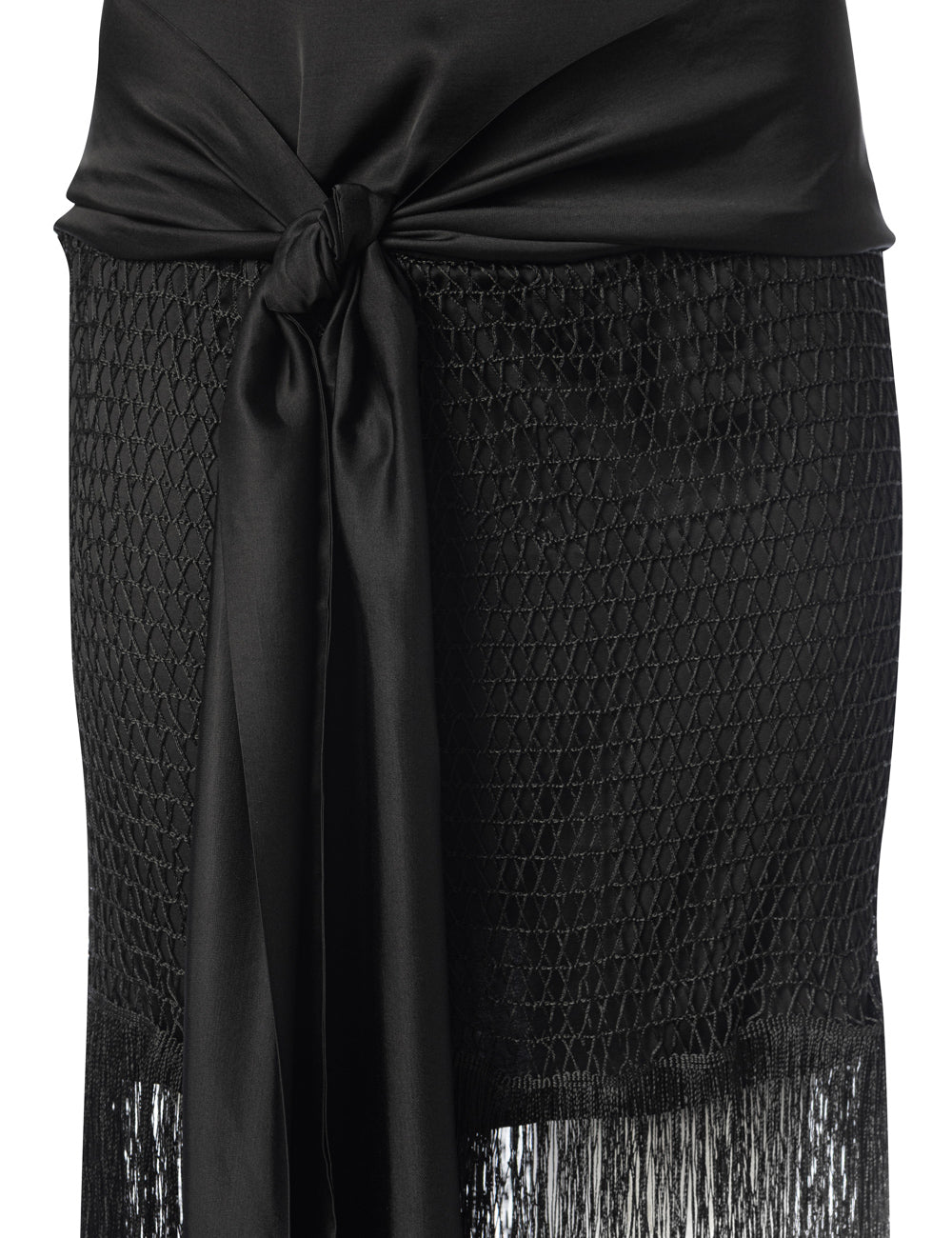 MNEMES DRAPED MIDI DRESS WITH FRINGE TRIM