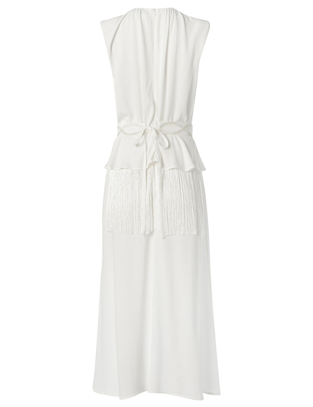 MIRES EMBROIDERED BELTED DRESS WITH FRINGE TRIM