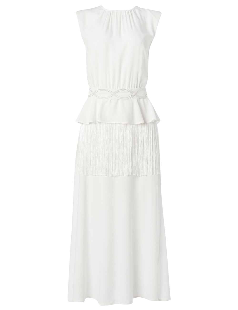 MIRES EMBROIDERED BELTED DRESS WITH FRINGE TRIM
