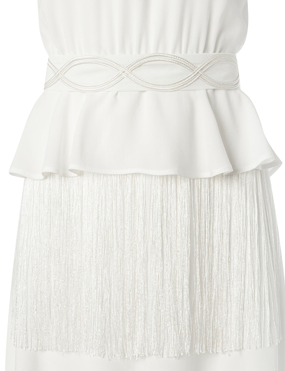 MIRES EMBROIDERED BELTED DRESS WITH FRINGE TRIM