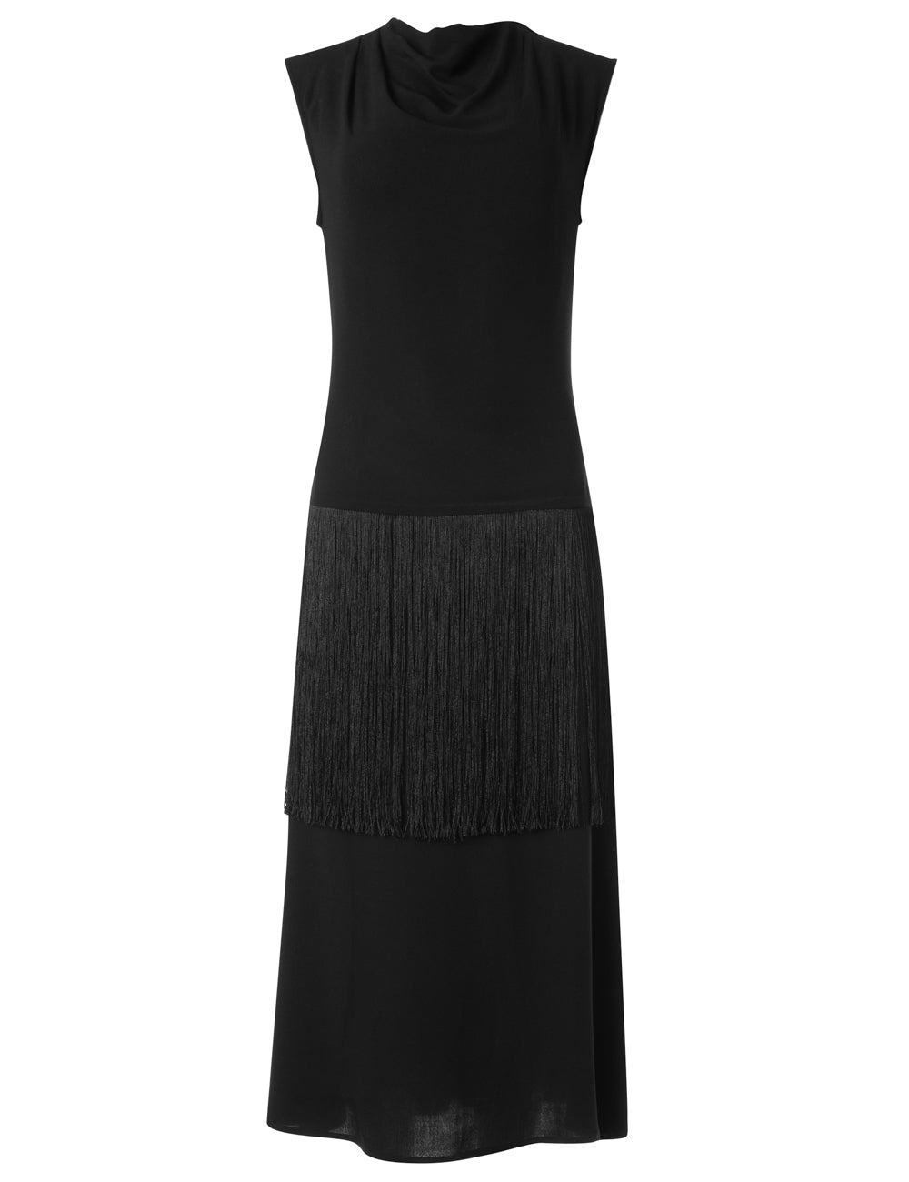 KASSANDRA DRAPED FRINGED MIDI DRESS