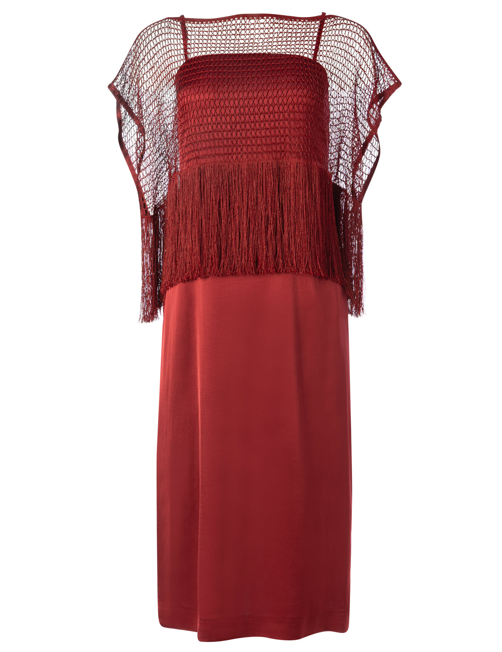 KROSSI SATIN LONG DRESS WITH REMOVABLE NET FRINGED TOP