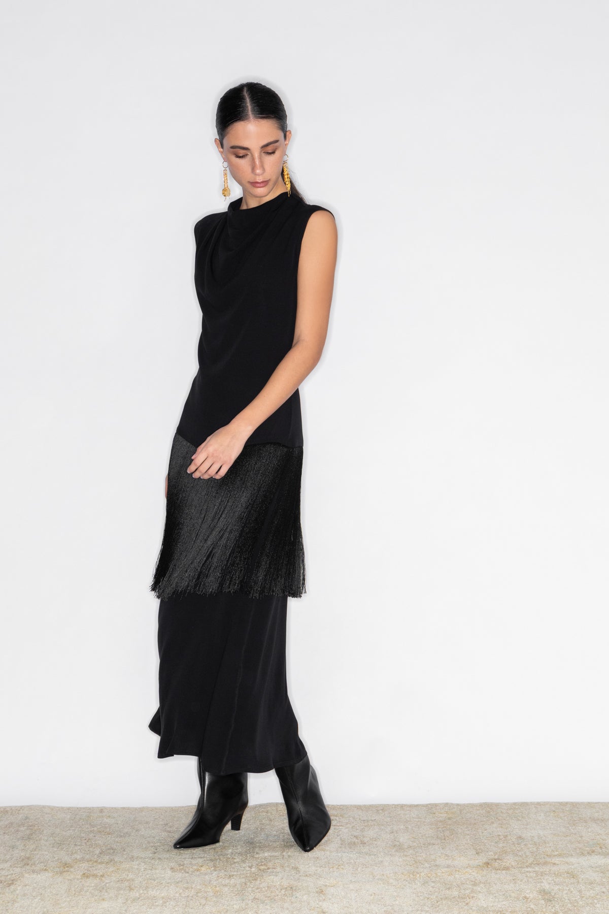 KASSANDRA DRAPED FRINGED MIDI DRESS