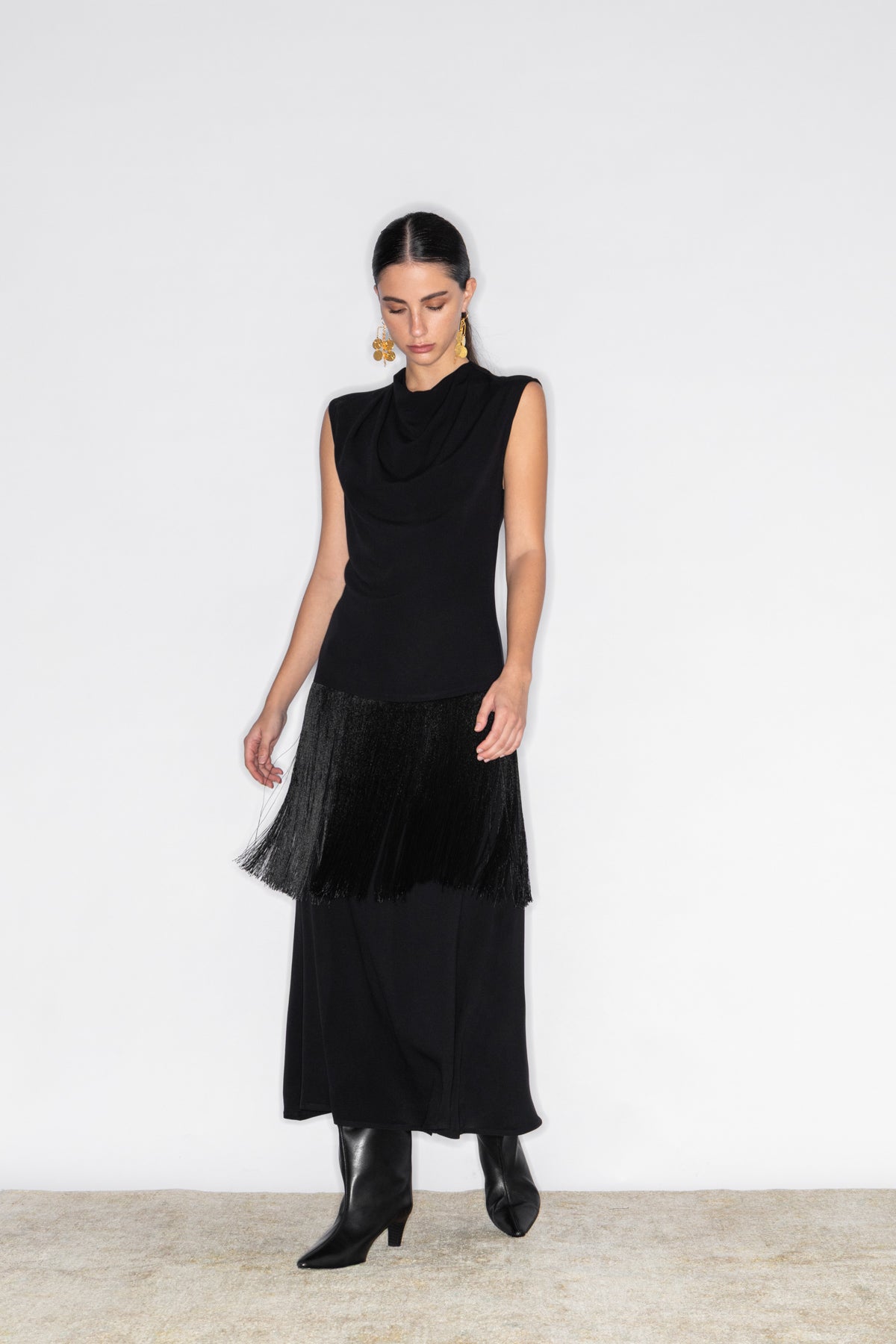 KASSANDRA DRAPED FRINGED MIDI DRESS