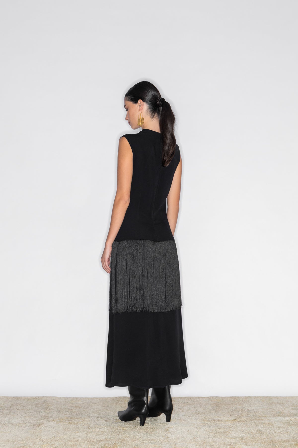 KASSANDRA DRAPED FRINGED MIDI DRESS