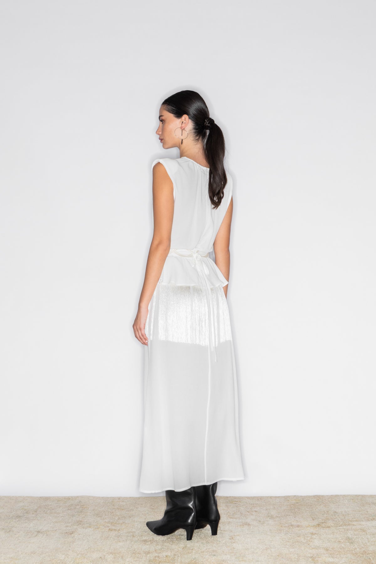 MIRES EMBROIDERED BELTED DRESS WITH FRINGE TRIM
