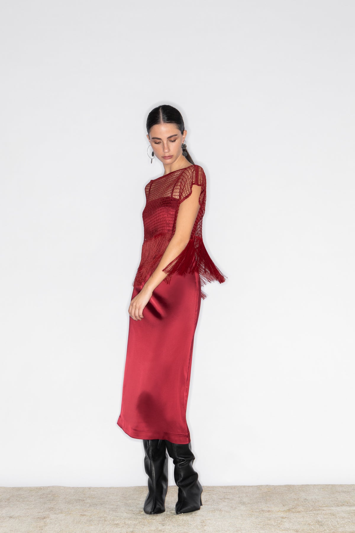 KROSSI SATIN LONG DRESS WITH REMOVABLE NET FRINGED TOP