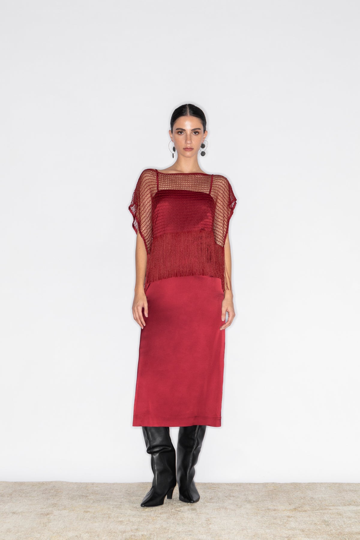 KROSSI SATIN LONG DRESS WITH REMOVABLE NET FRINGED TOP
